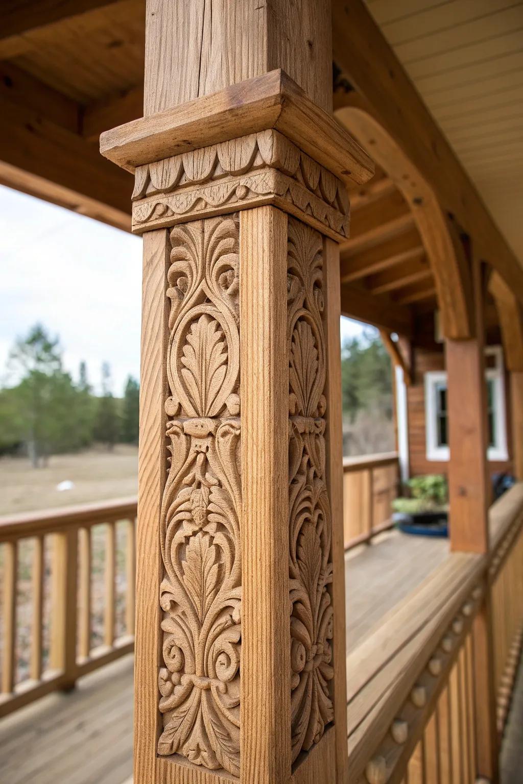 Elevate your porch with the timeless artistry of intricately carved cedar posts.