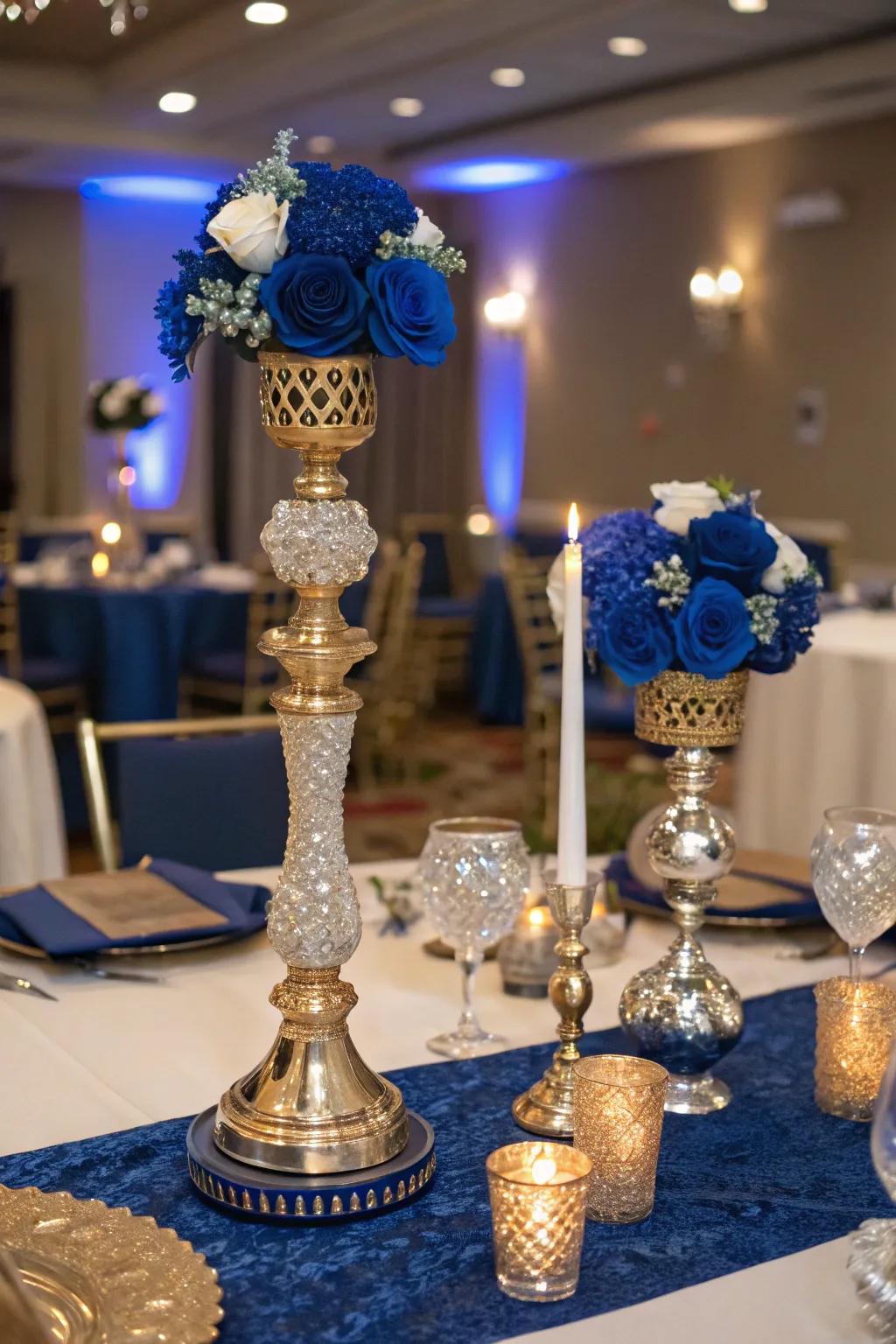 Metallic accents in gold and silver complement the rich tones of royal blue beautifully.