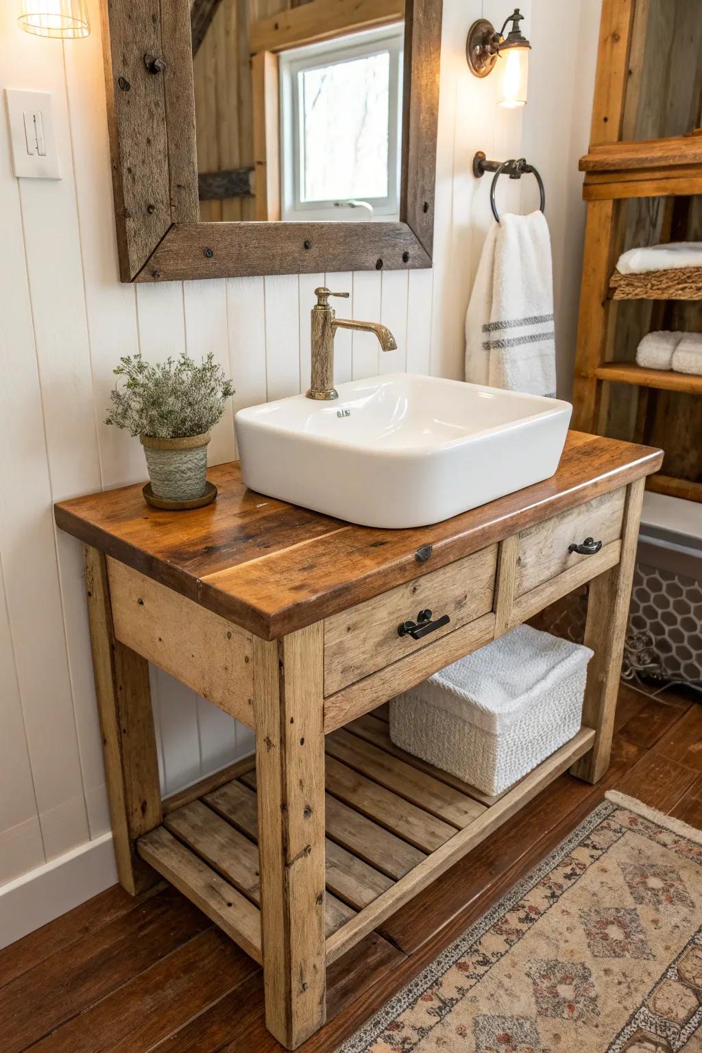 A rustic bathroom vanity with a white farmhouse sink and wooden countertop.