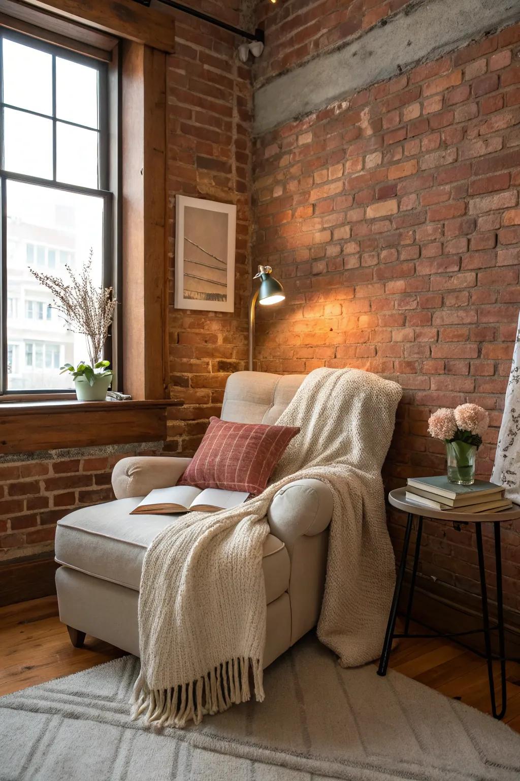 A cozy reading nook that complements the warmth of the brick wall.