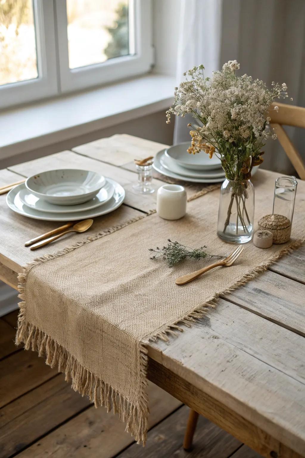 Add a touch of rustic elegance to your table with a handcrafted burlap table runner, perfect for any occasion.