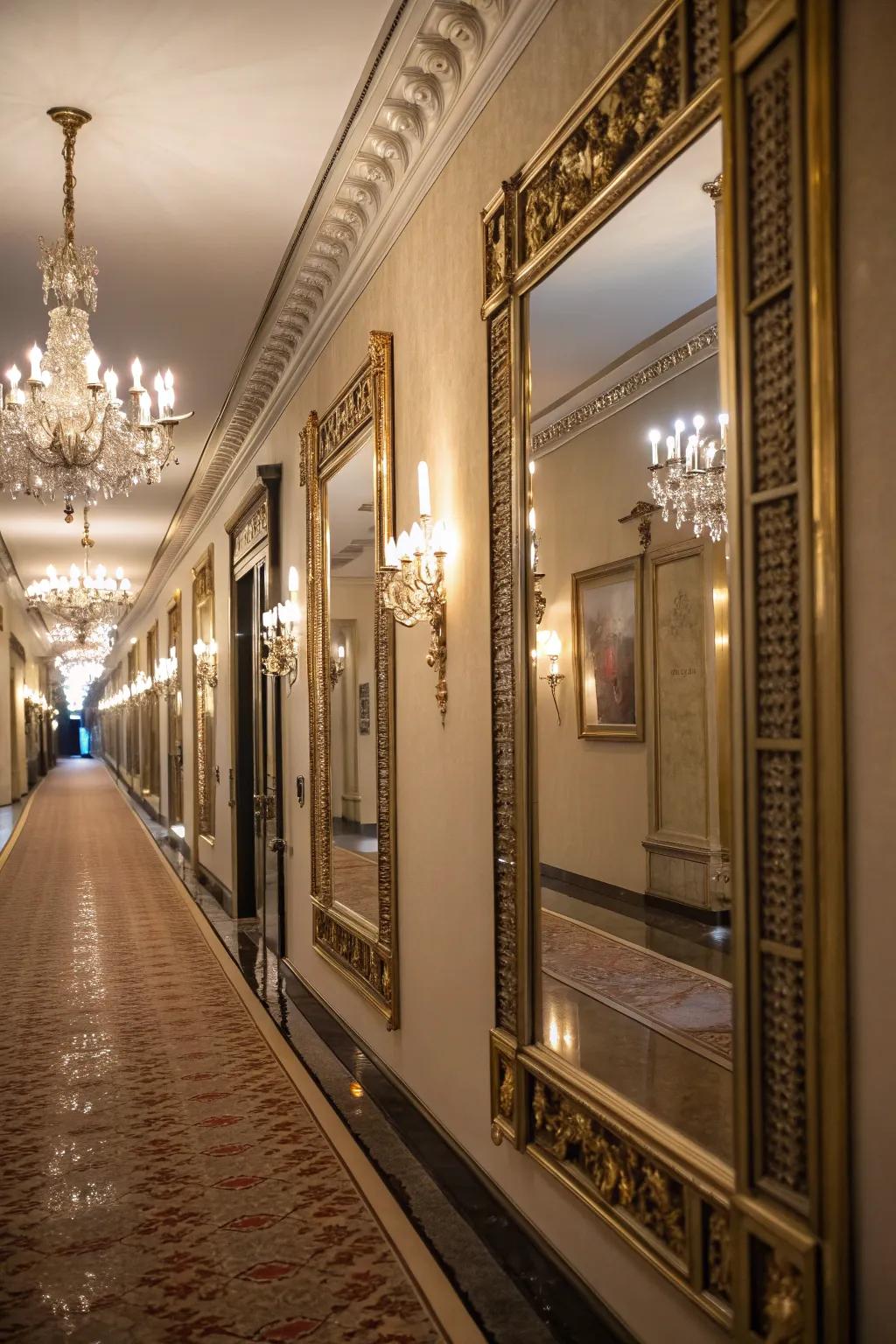 Decorative mirrors reflecting light, creating an elegant and spacious feel.