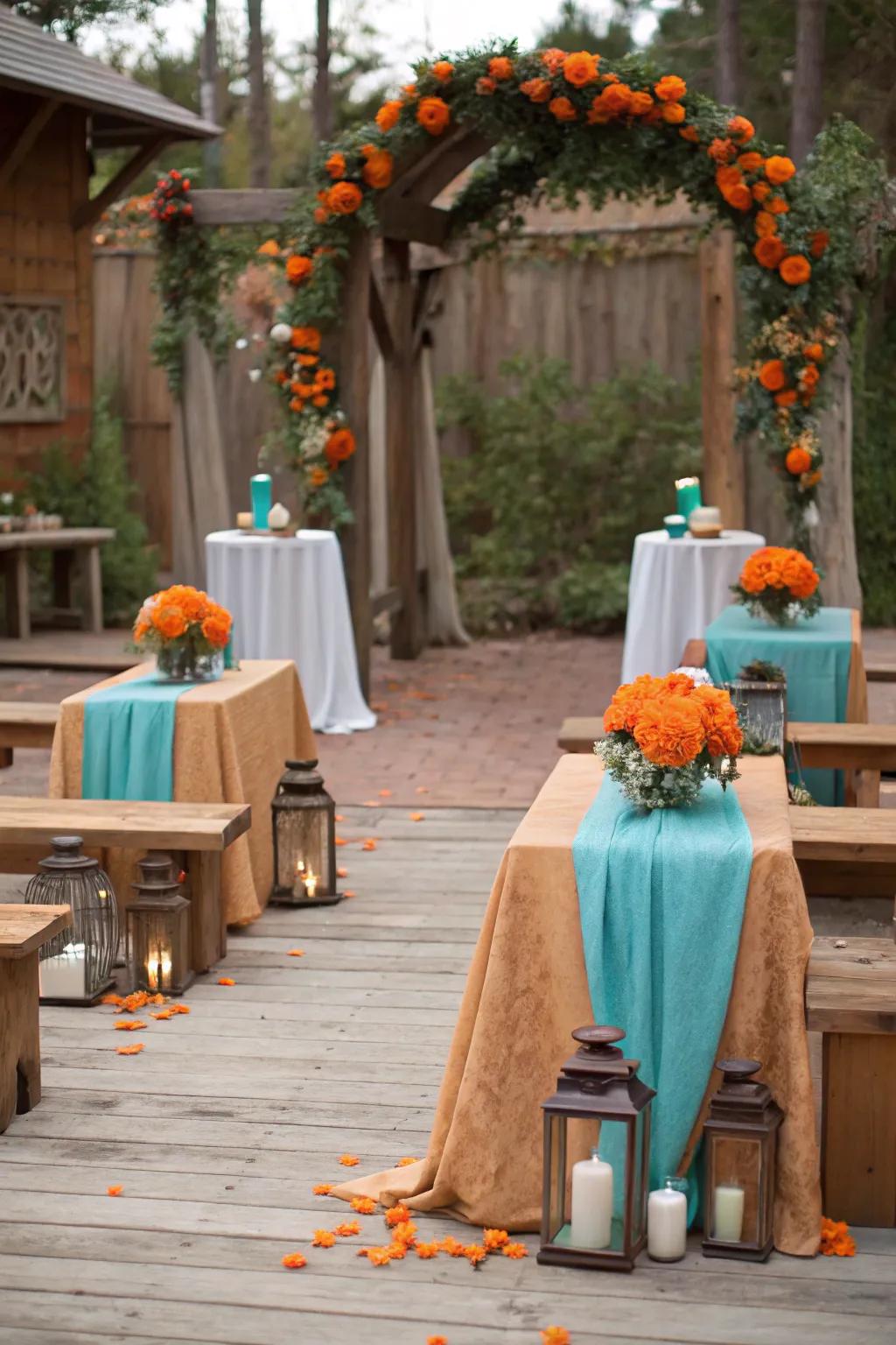 Burnt orange and teal bring warmth and depth to a rustic wedding.