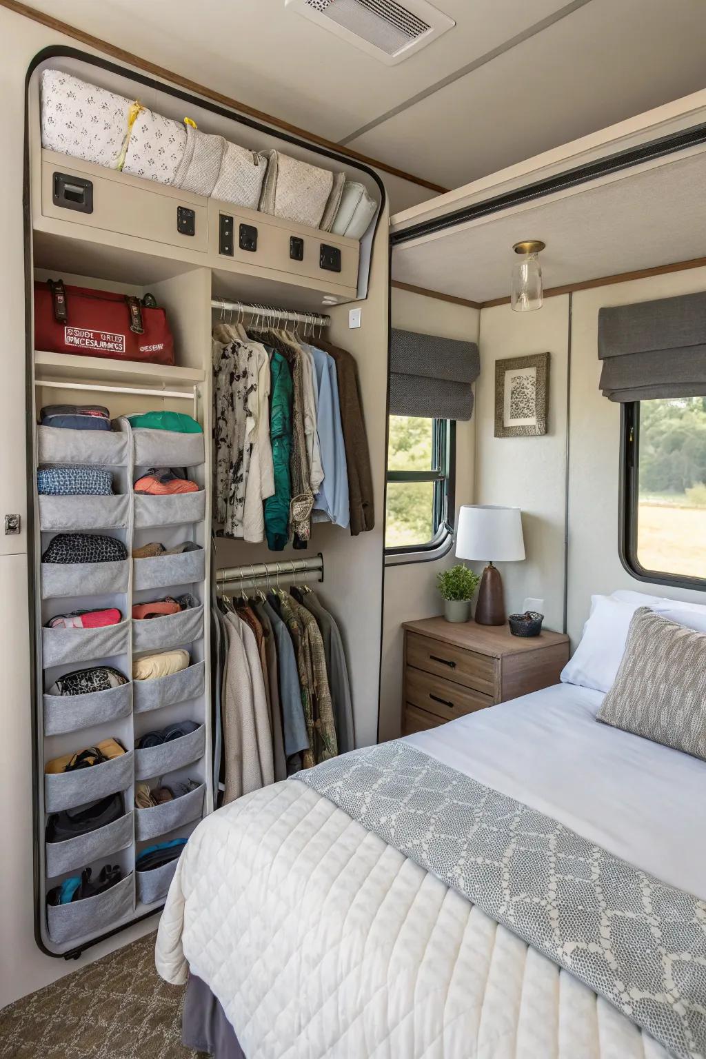 Hanging organizers maximize vertical space efficiently.