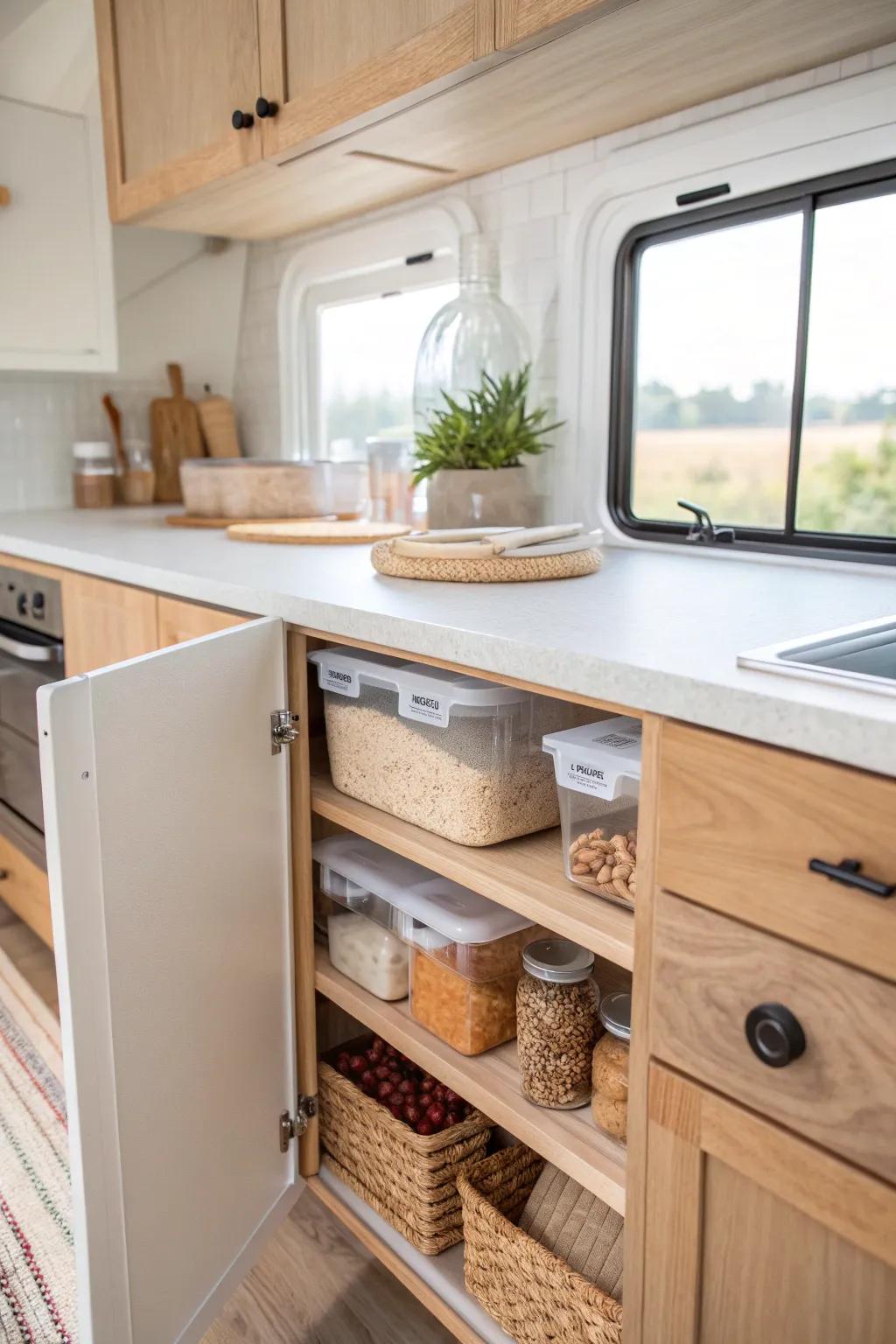 Effortlessly organized: Clear storage bins make meal prep in your RV kitchen a breeze!