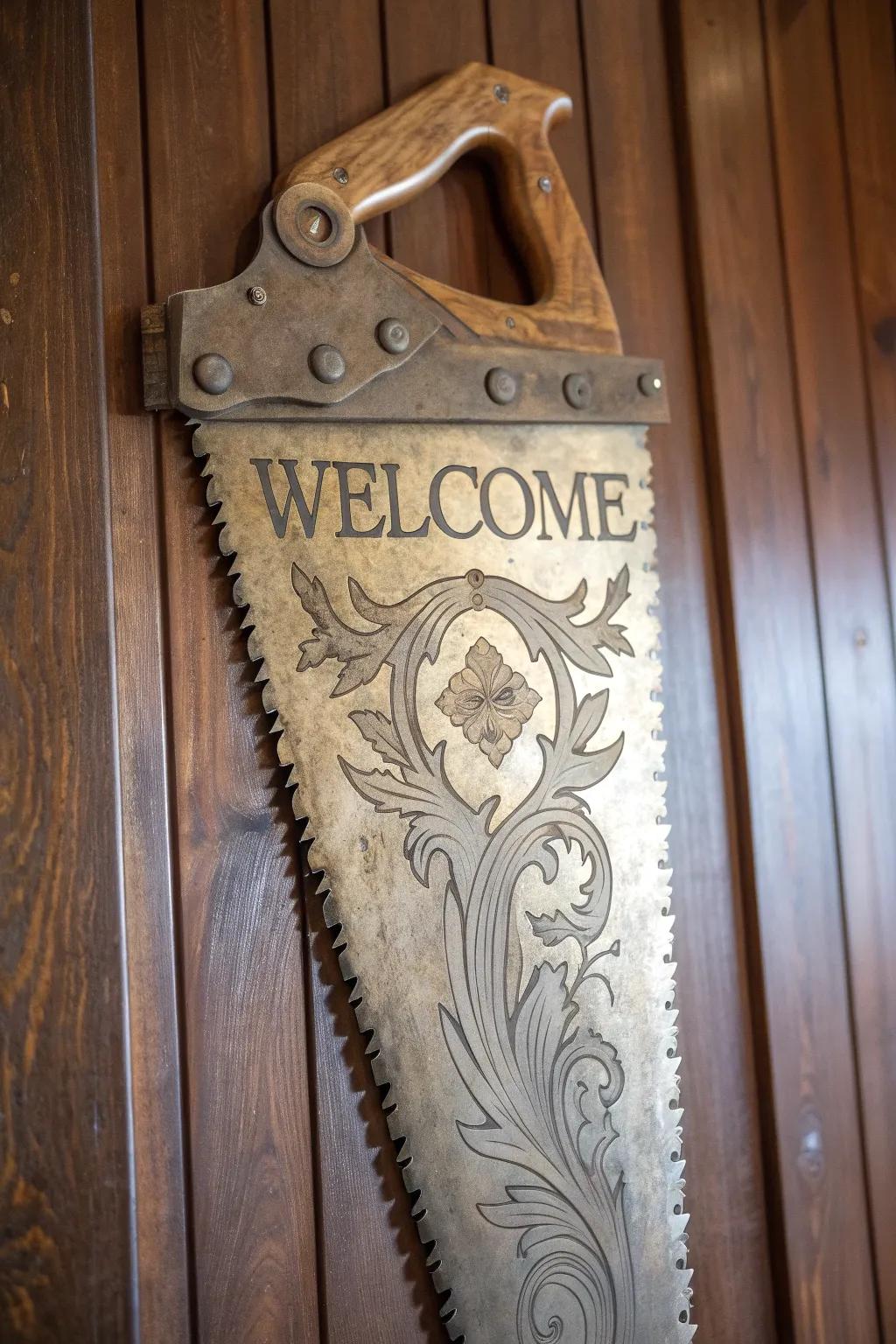 Welcome in style with this finely crafted saw blade art piece.