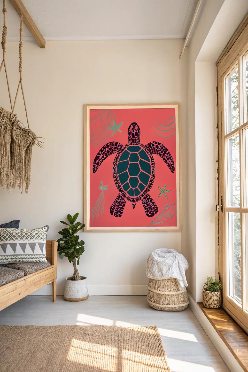 Dive into creativity with this vibrant sea turtle Pop Art poster, a perfect blend of bold colors and minimalist charm.