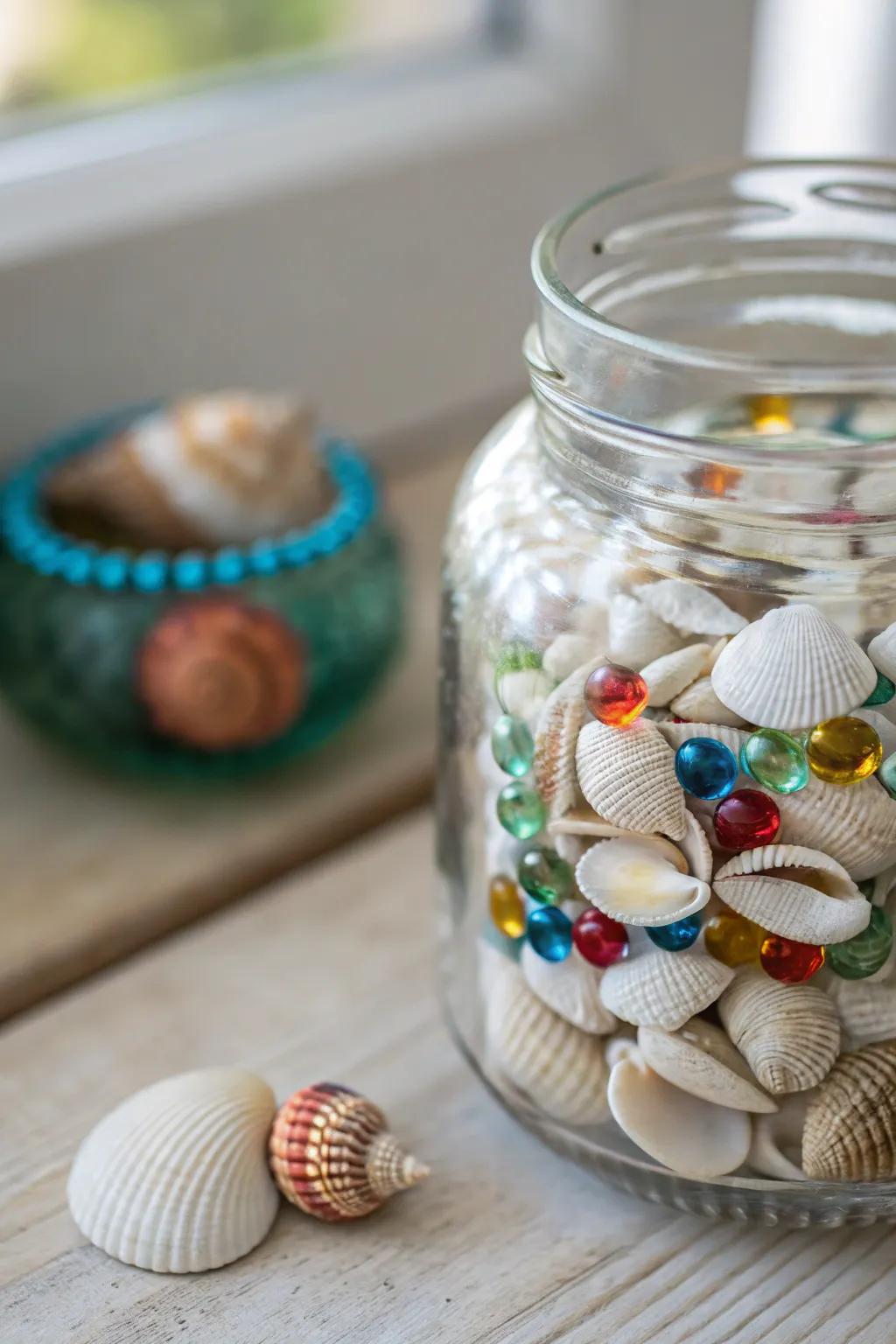 Add a splash of color to your decor with a charming seashell and glass bead jar, embodying minimalist elegance with a playful twist.