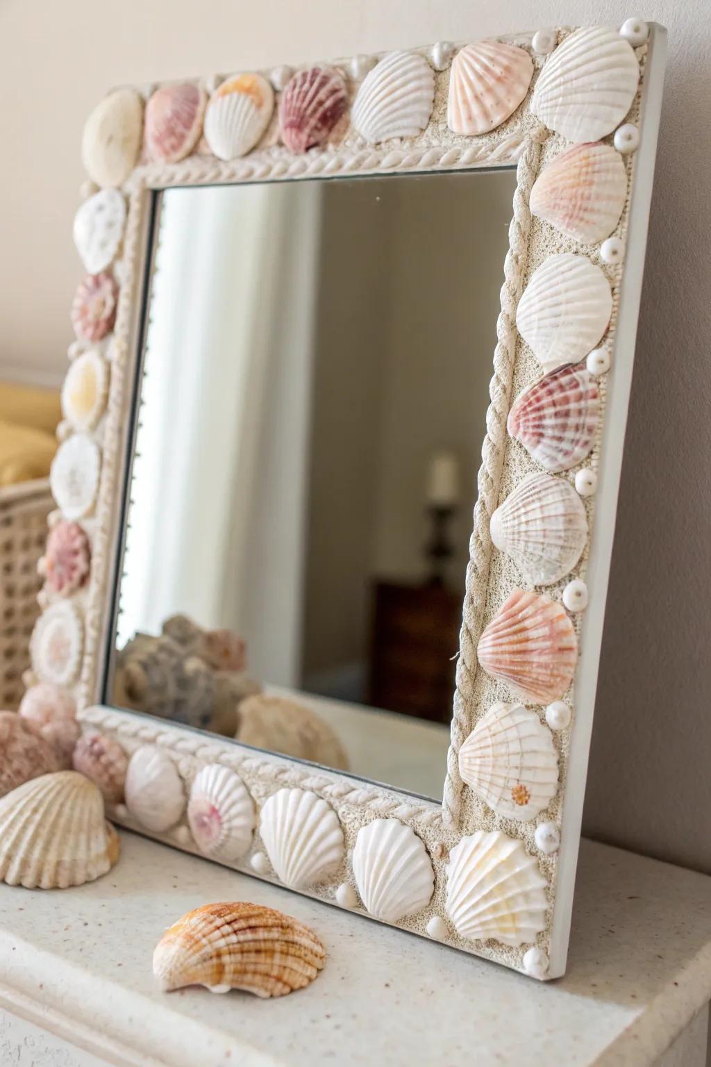 Reflect coastal elegance: A seashell-adorned mirror that brings sunlit shores into your home.