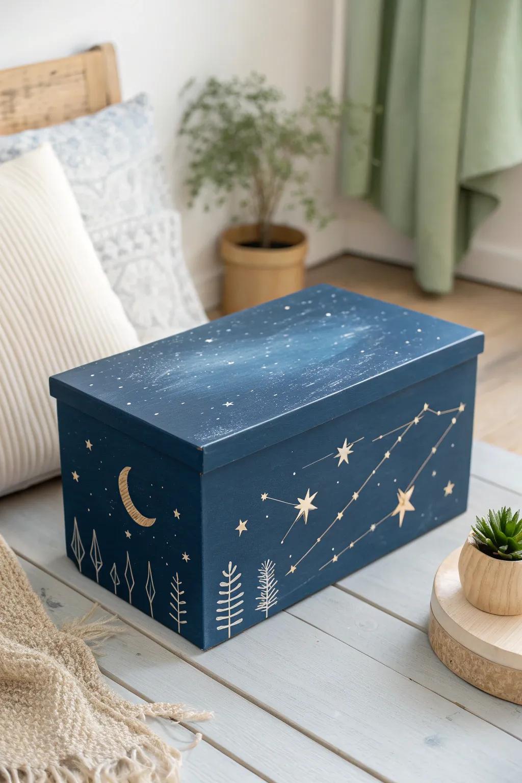 Transform your shoe box into a cosmic masterpiece with a starry nightscape design, blending minimalist charm with boho elegance.