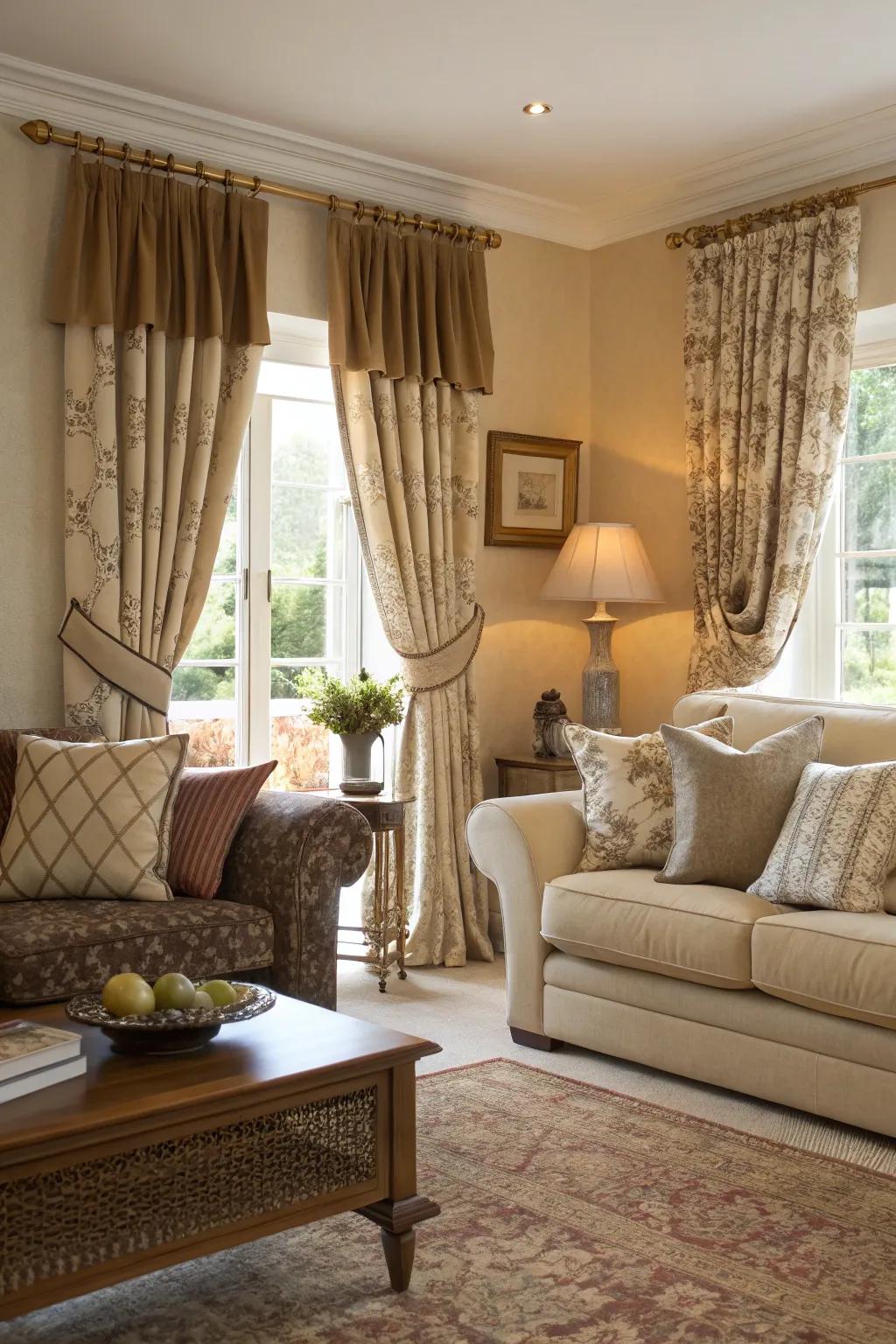 Coordinated short curtains and cushions for a unified look.