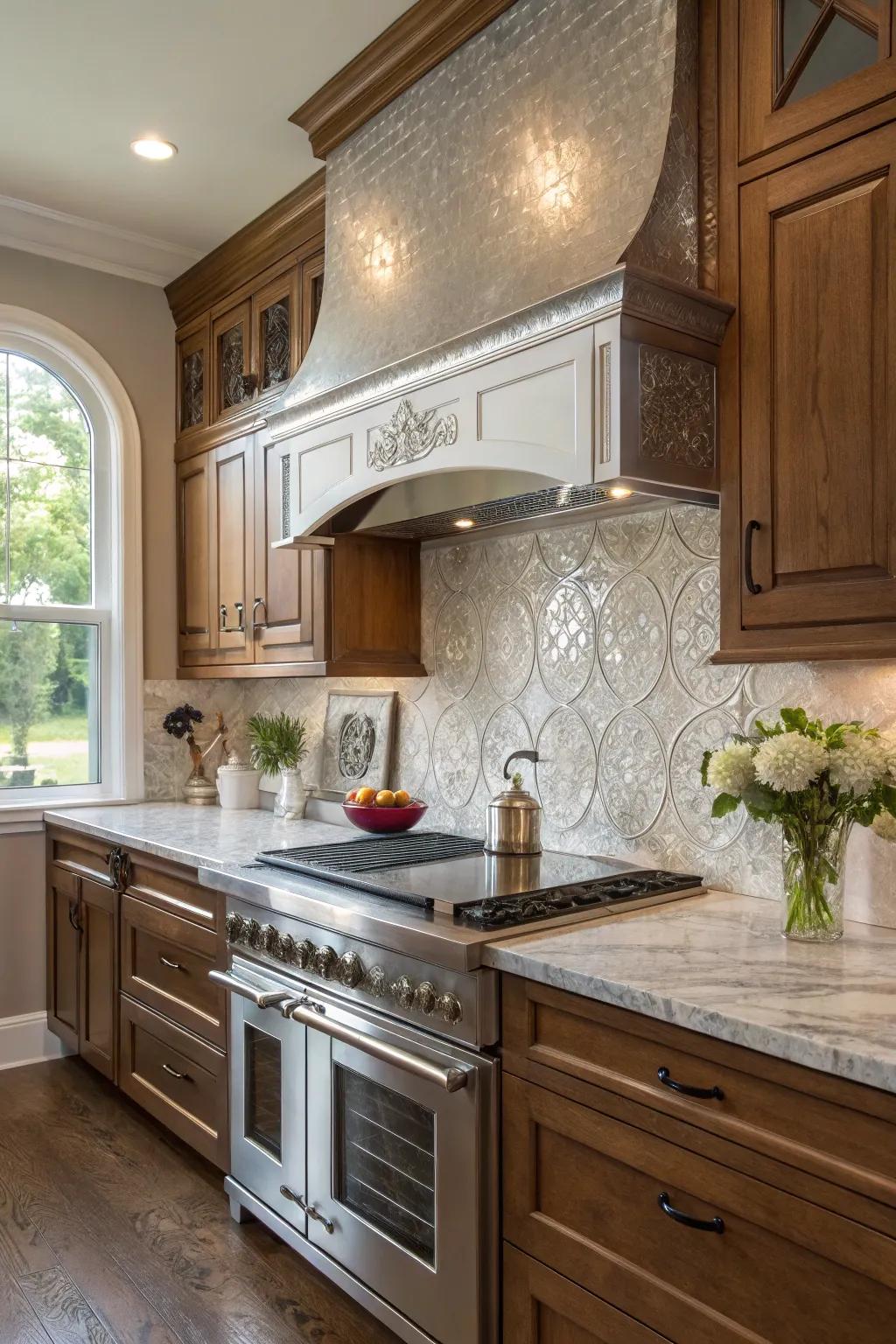 A kitchen that harmonizes contemporary and traditional styles with a silver backsplash.