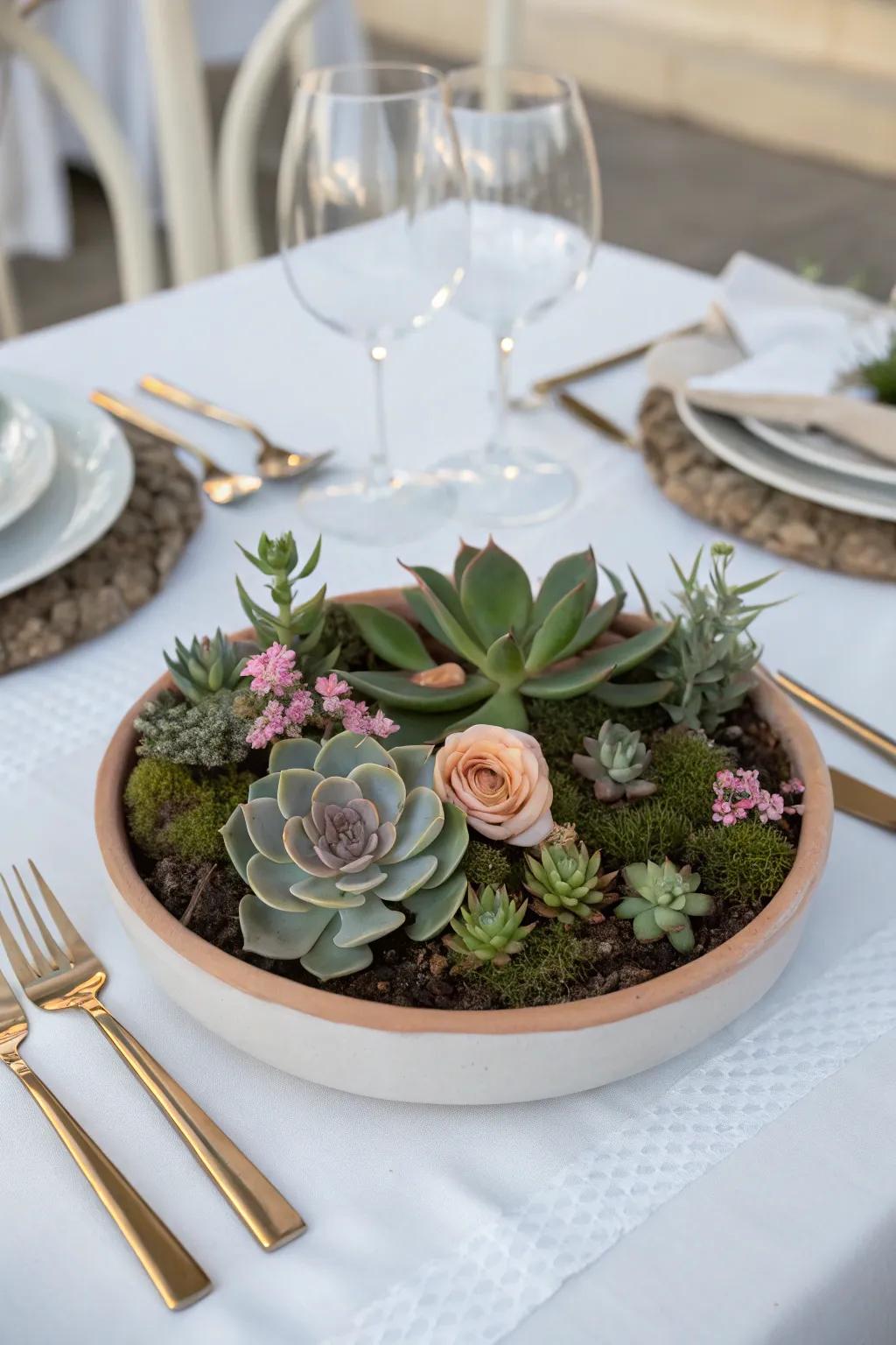 Succulents combined with flowers offer a modern twist.