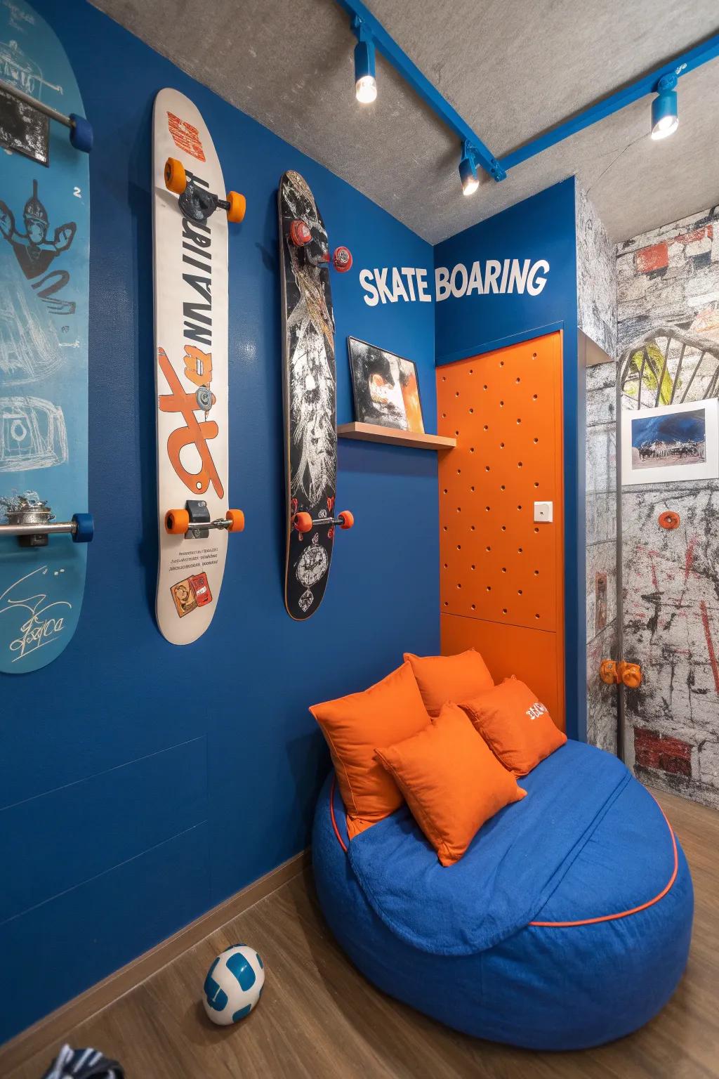 Bold blue and orange accents energizing a skateboard-themed room.