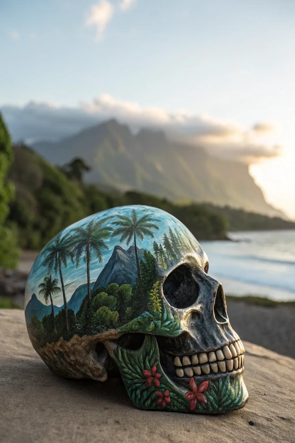 Nature's Essence: A skull transformed into a breathtaking canvas of forests, oceans, and mountains.