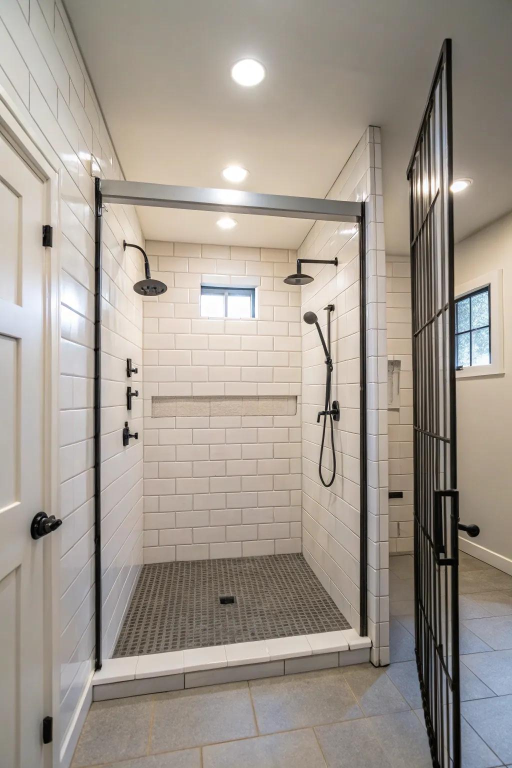 A doorless shower amplifies the minimalist aesthetic in small bathrooms.