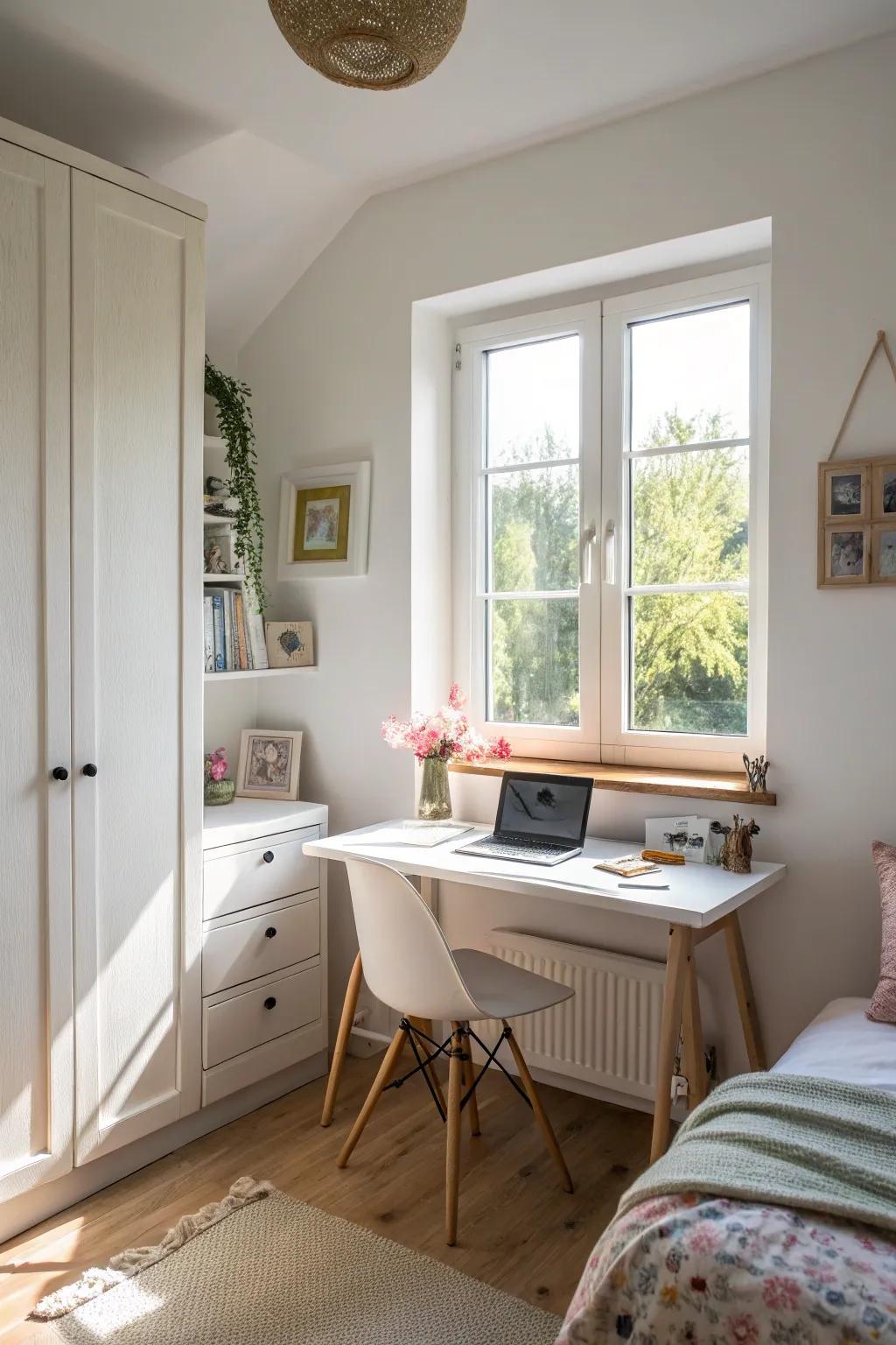 A desk near a window harnesses natural light for a brighter workspace.