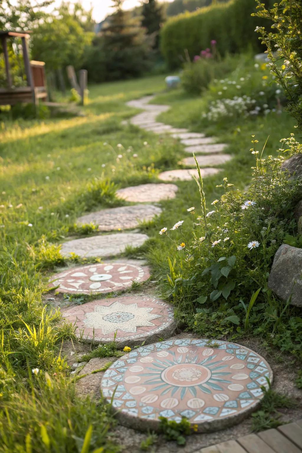 Create your own whimsical garden escape with homemade mosaic stepping stones, marrying simplicity and artistry.