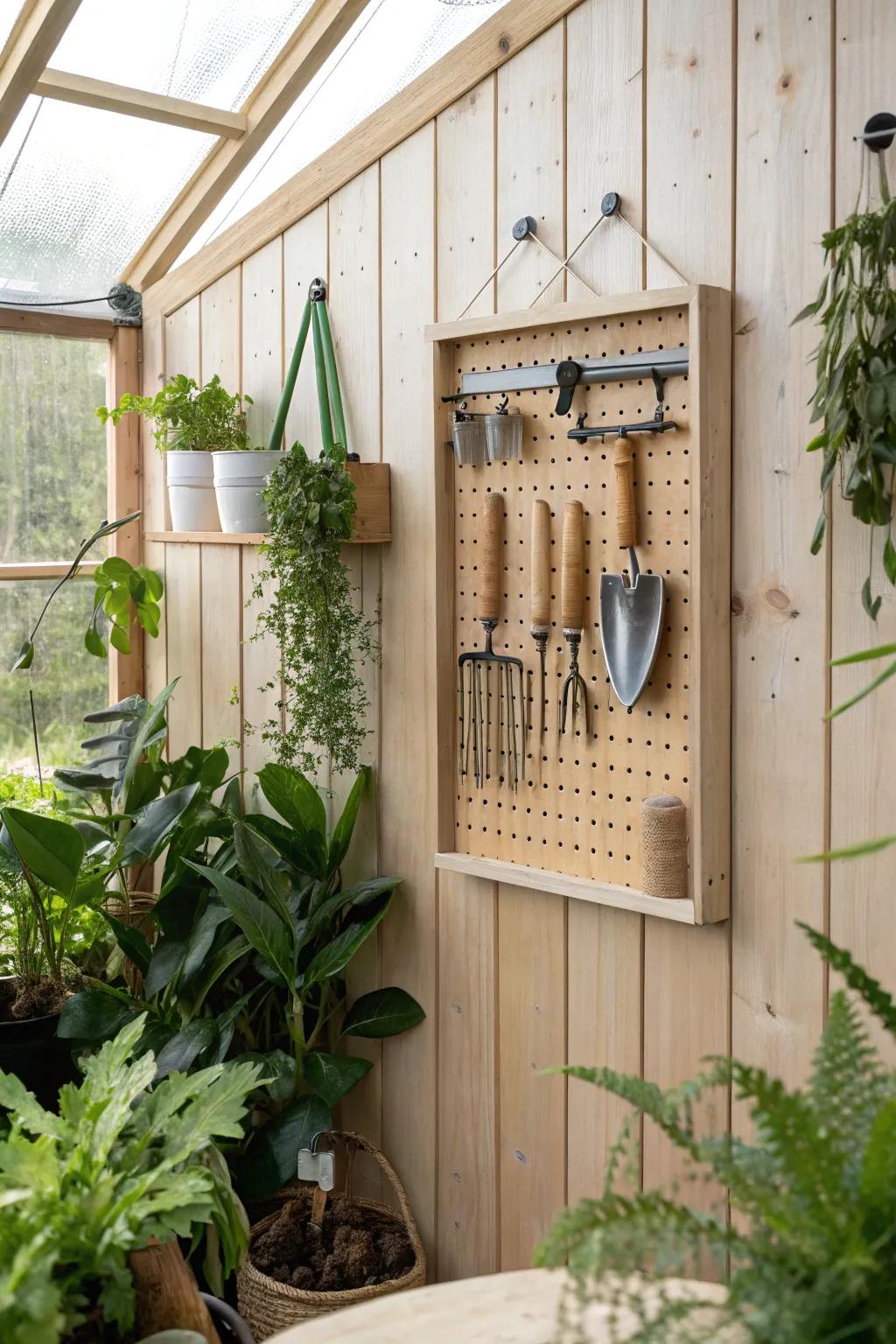 Elevate your greenhouse with stylish and functional tool storage solutions.