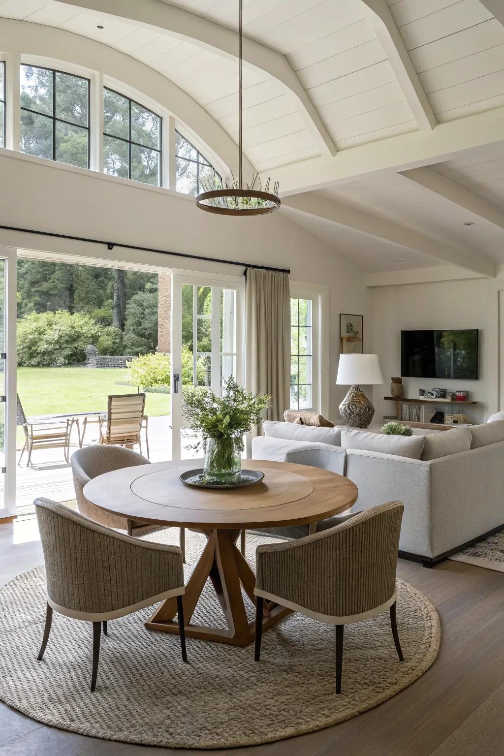 Semi-circular tables encourage easy interaction among guests.