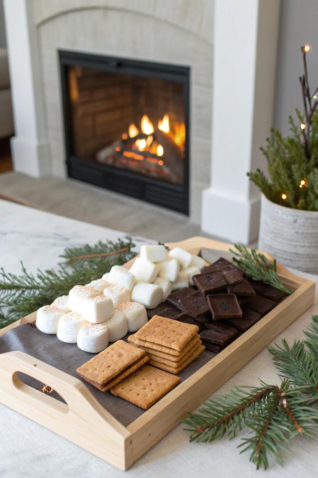 Create cozy indoor moments with a stunning s'mores tray by the fireplace. #IndoorCharm #ScandiBoho