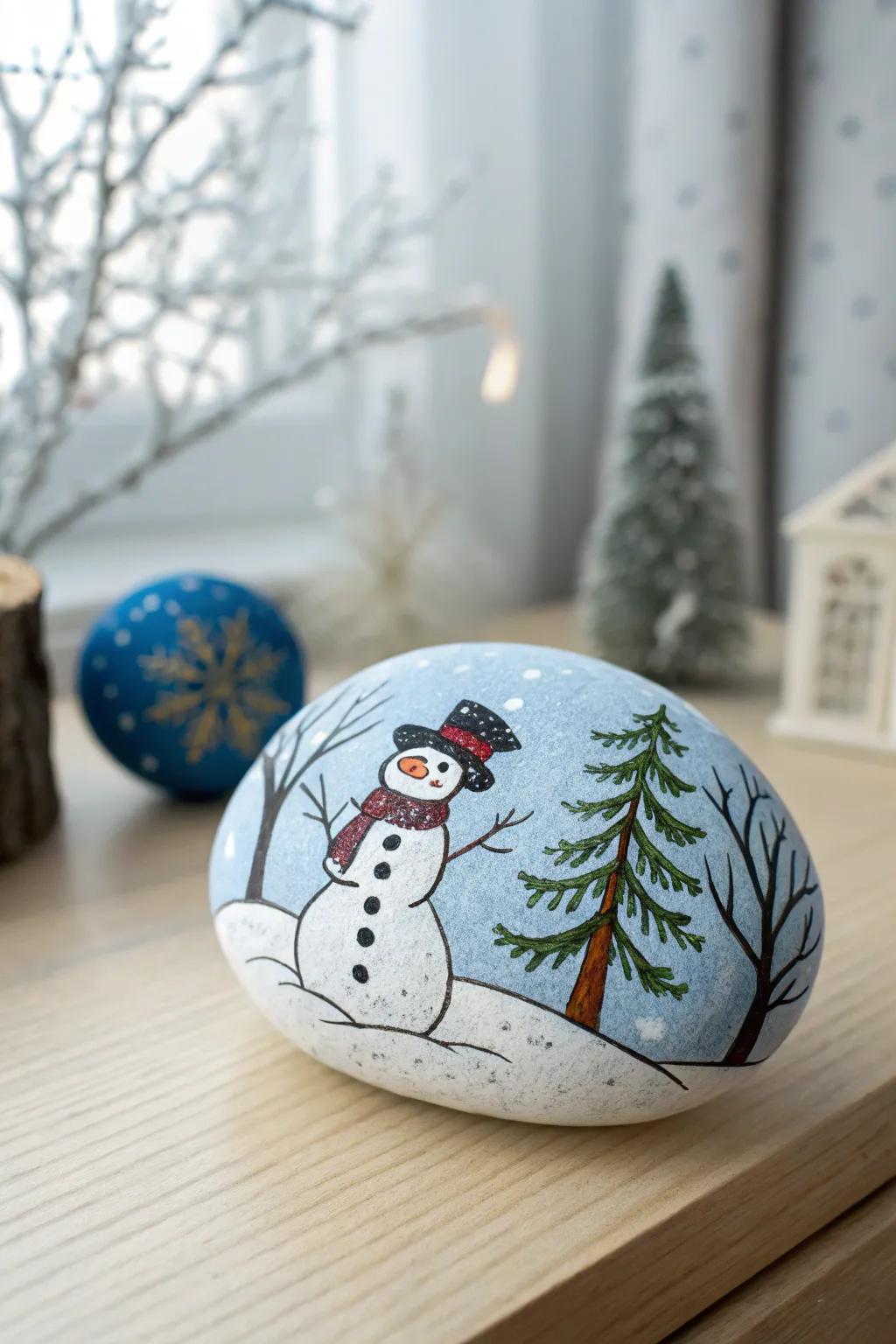 Embrace the serenity of winter with this handcrafted snowman rock, set against a minimalist wonderland backdrop. #ScandiBoho #WinterCrafts