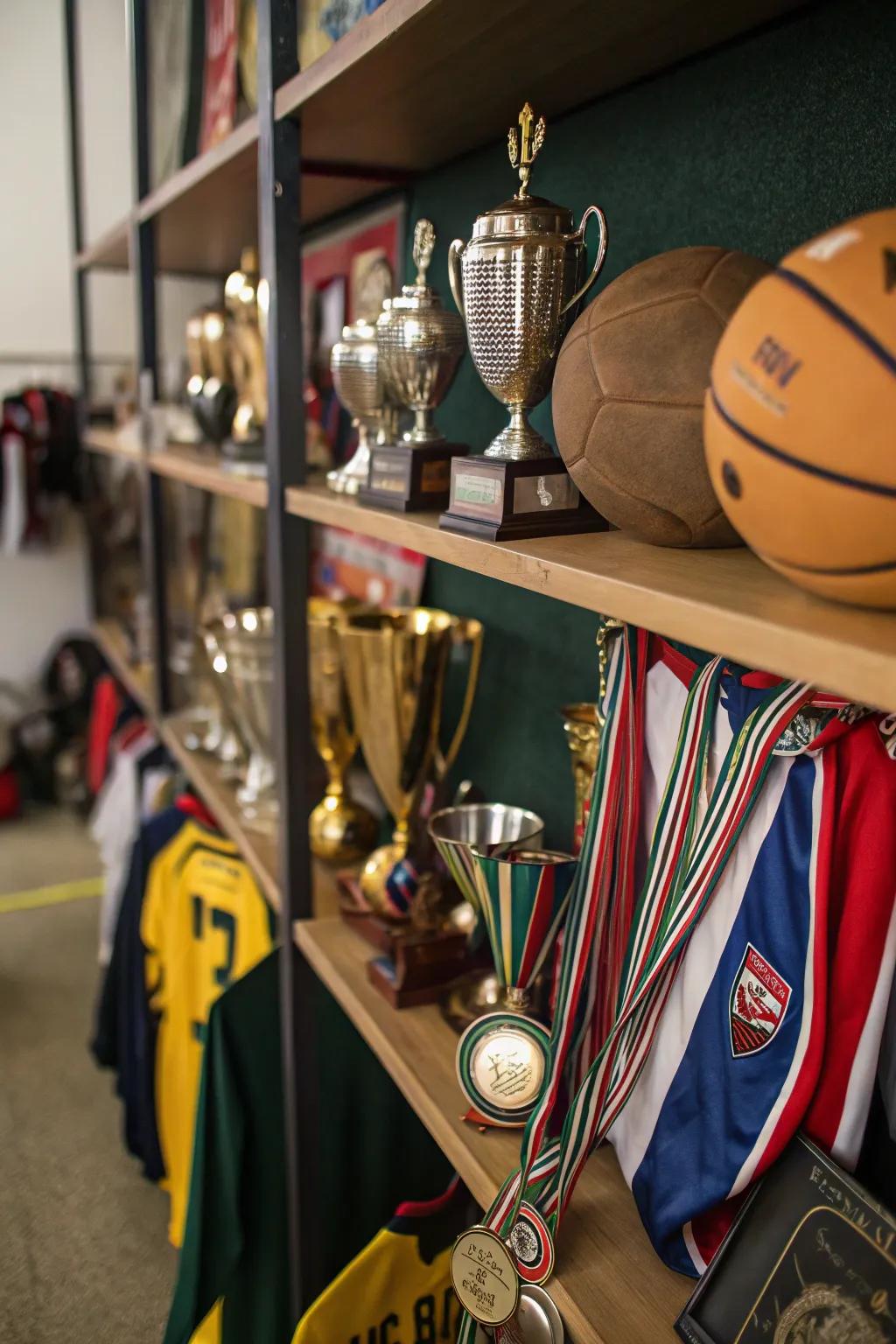 A shelf dedicated to displaying sports trophies and memorabilia.