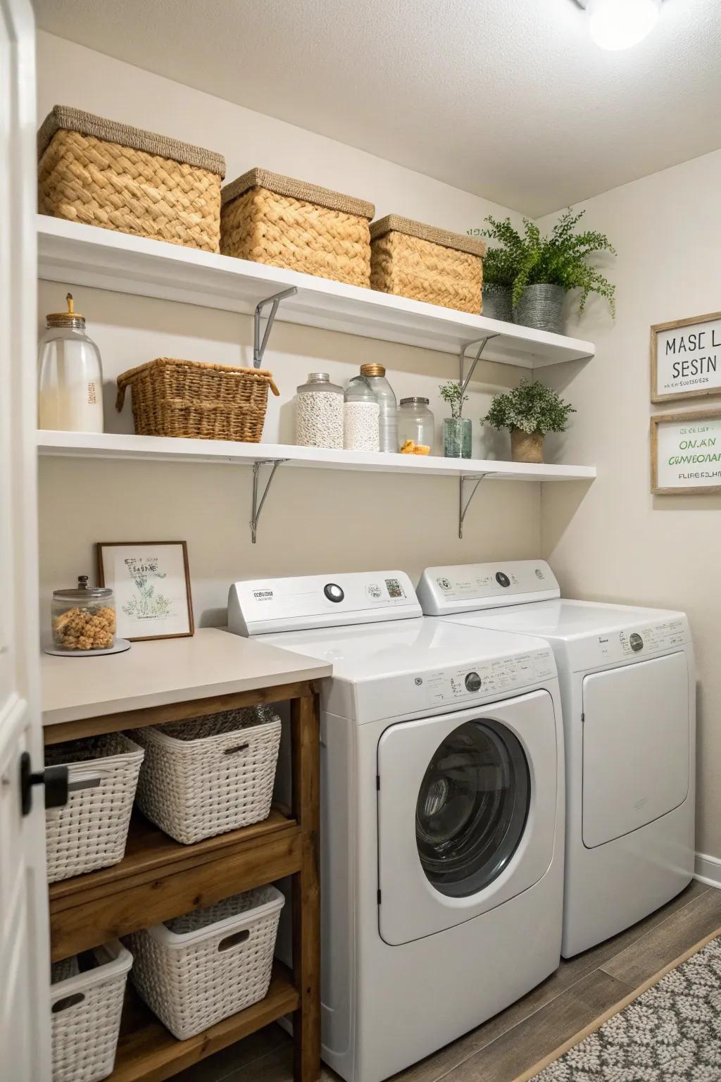 Open shelves add both style and functionality to your laundry space.
