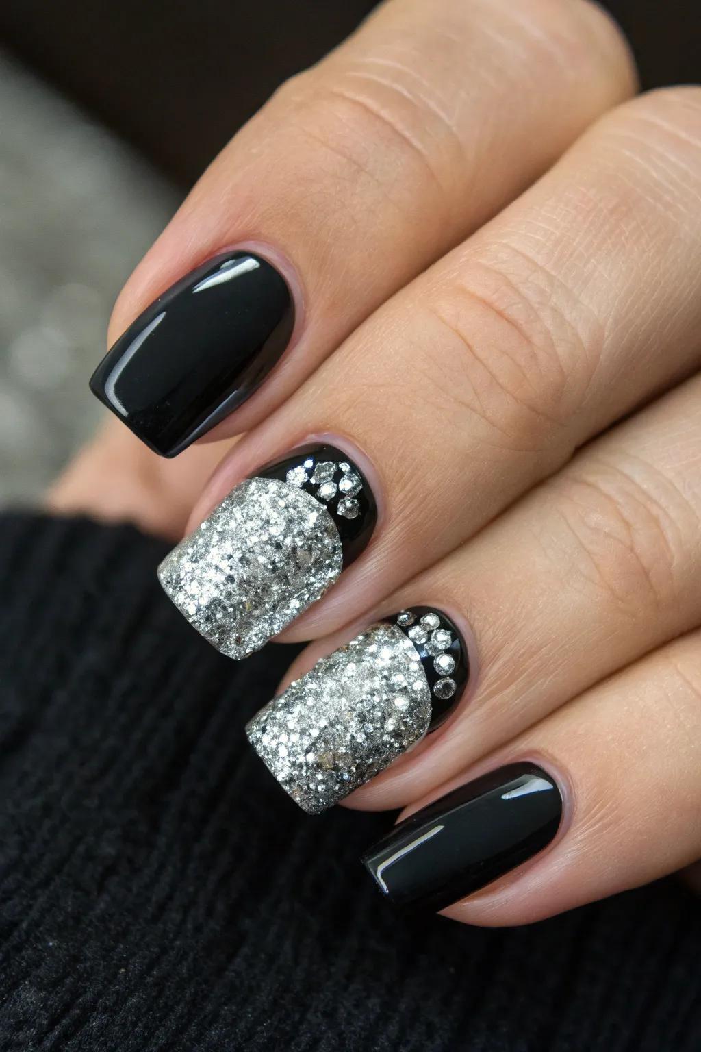 Elevate your style with dazzling square nails that shimmer with silver glitter on a bold black canvas.