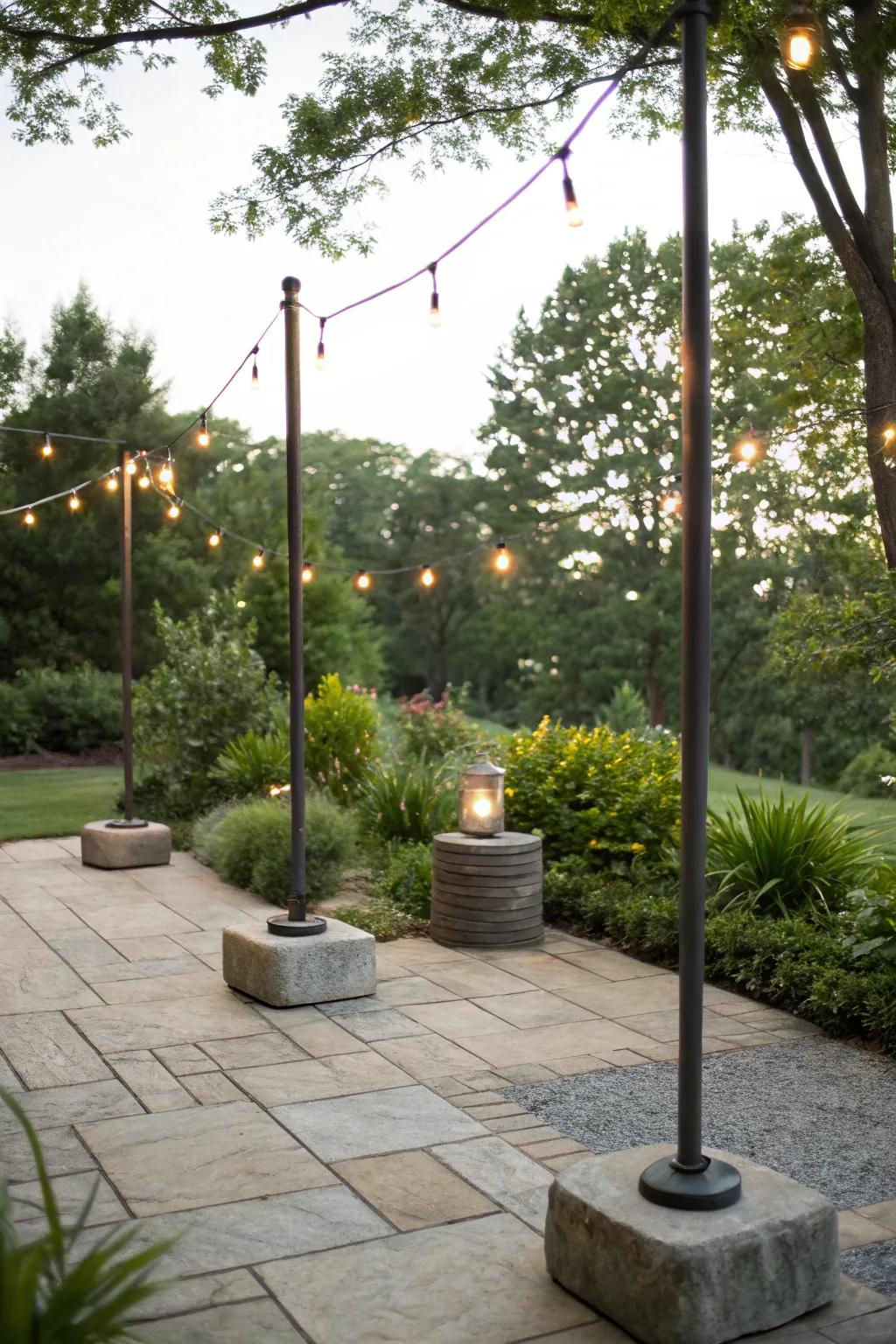 Concrete bases offer a sturdy solution for your string light poles.