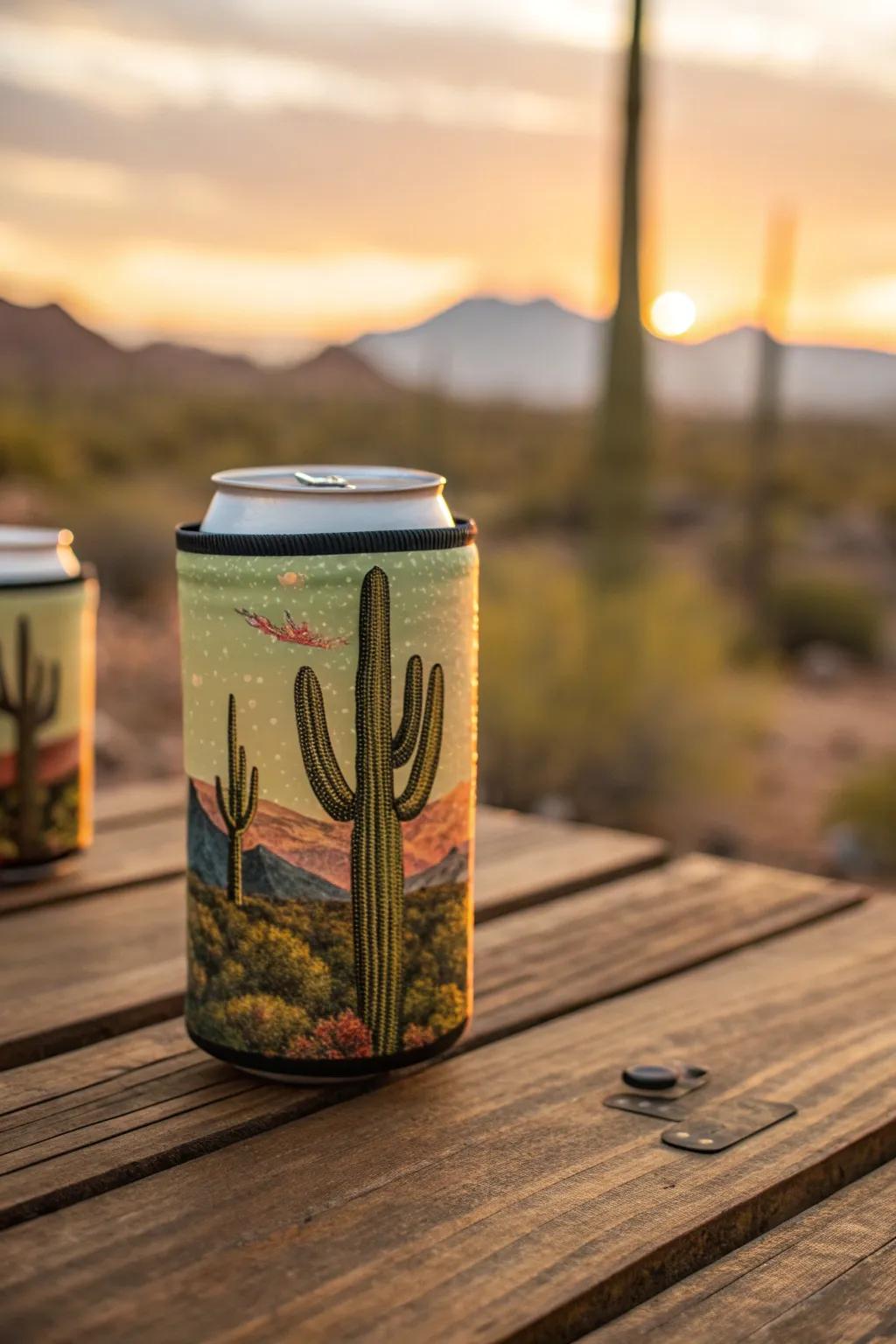 Add a touch of desert charm to your drink with this cactus print koozie—perfect for summer gatherings.