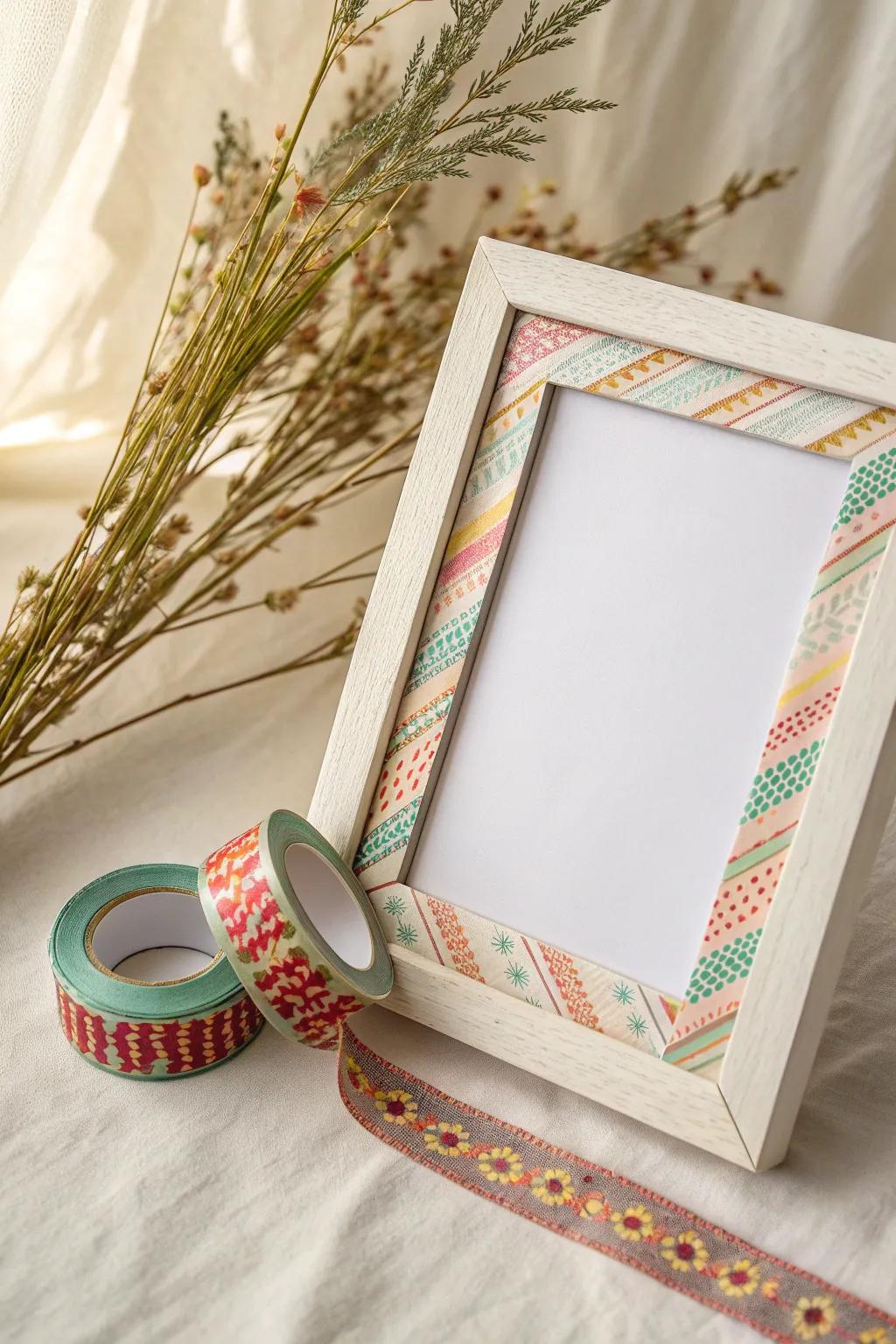 Transform your photo display with boho-inspired tape art frames, where simplicity meets vibrant creativity.