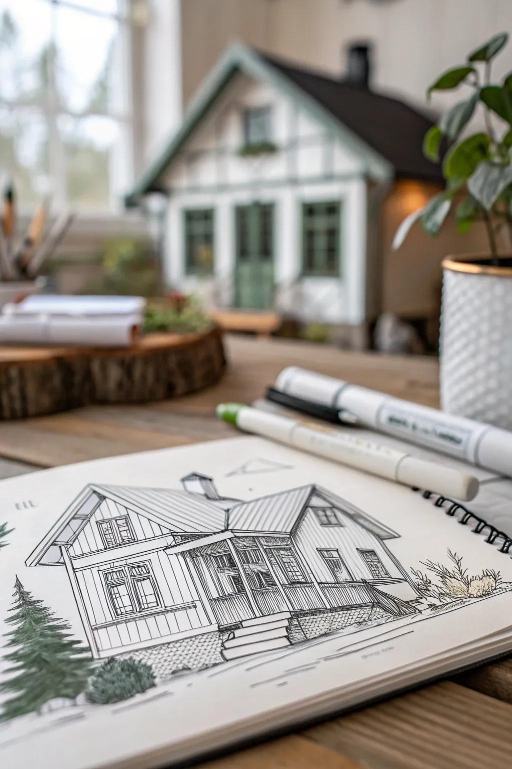 Capture the essence of Scandinavian simplicity with a touch of boho charm in your marker sketches.