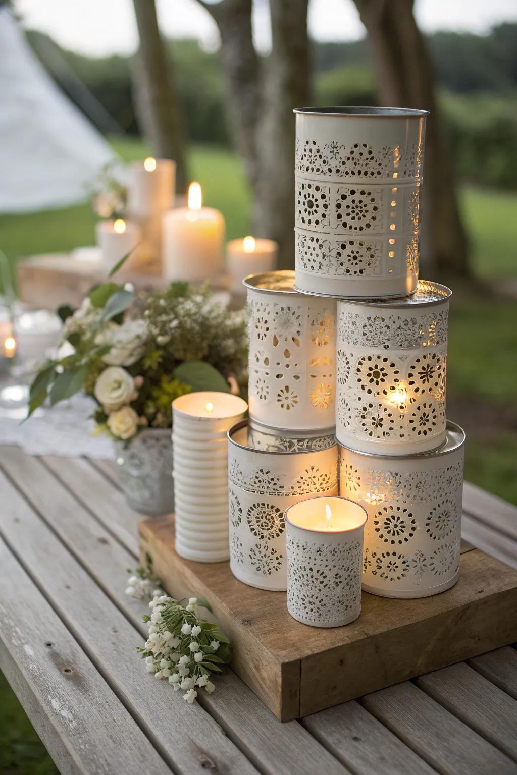 Transform ordinary tin cans into stunning candle holders for an enchanting outdoor evening.