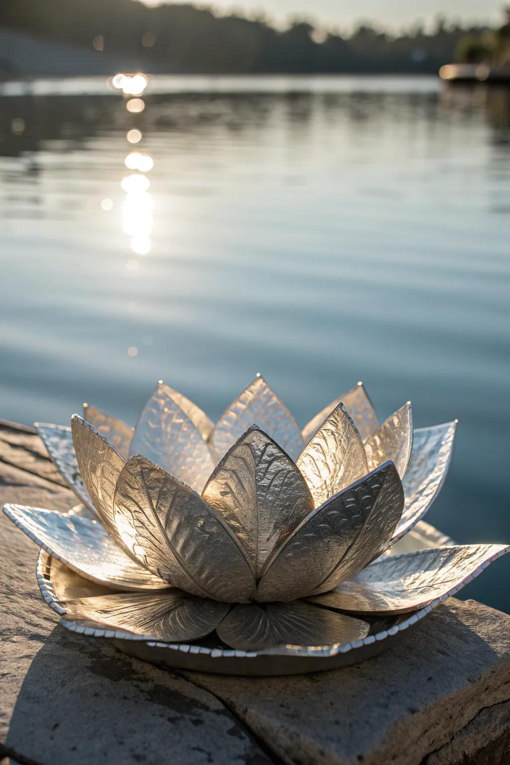 Witness the elegance of craftsmanship with this tin foil floating flower, a stunning blend of creativity and nature.