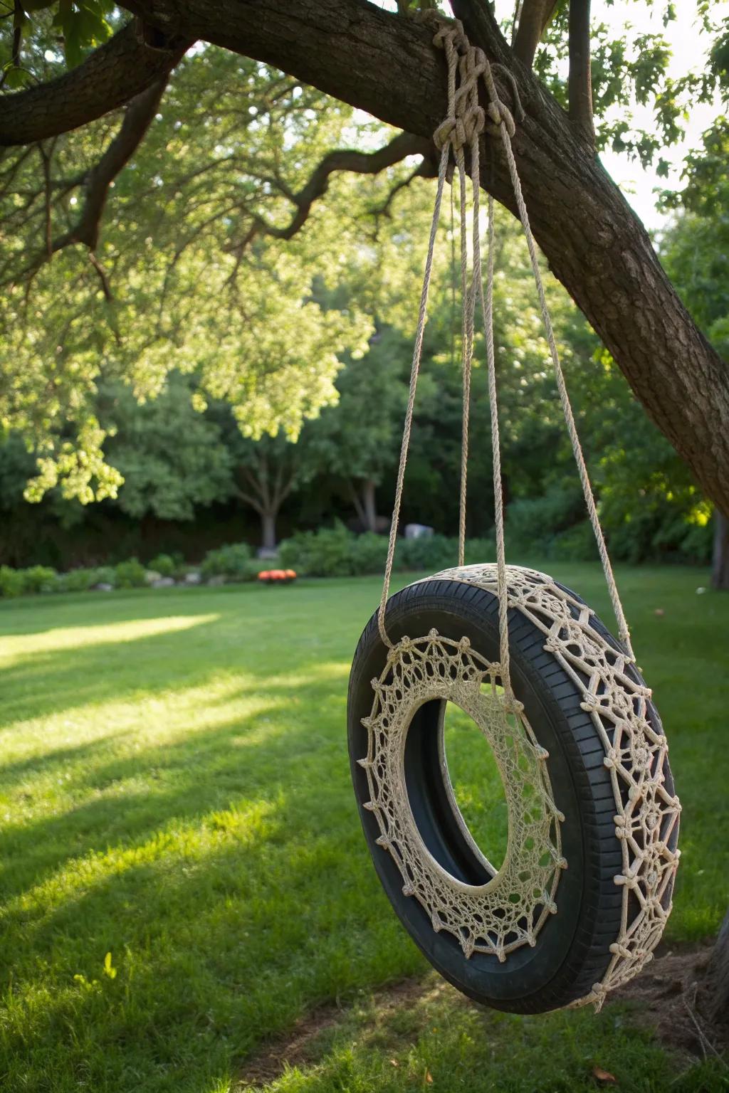 Elevate your outdoor space with a macramé-covered tire swing, where craftsmanship meets relaxation.