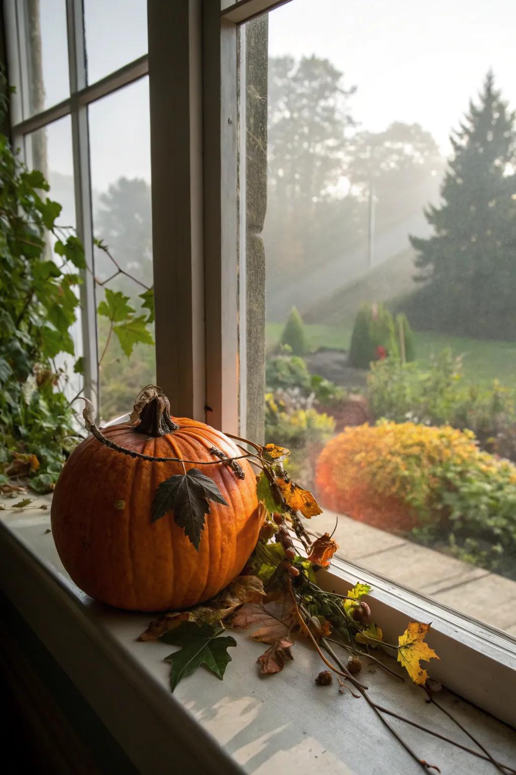 A nature-inspired pumpkin decorated with leaves and twigs.
