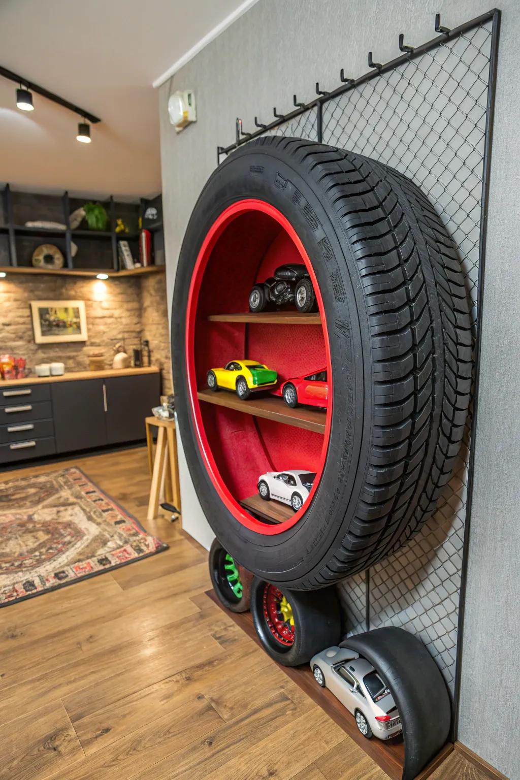 Revamp your space with this innovative tire storage solution for toy cars, blending functionality with style.