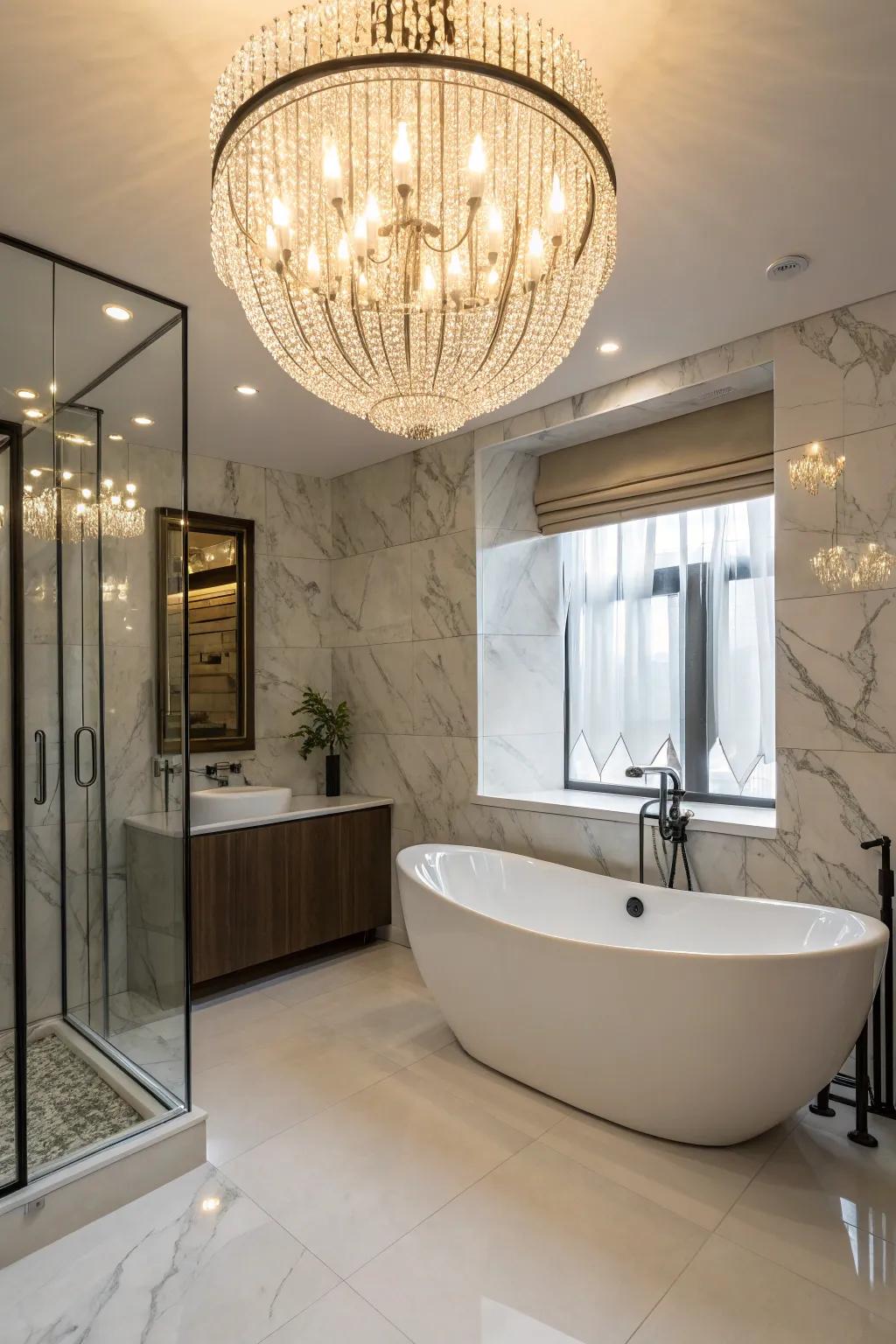 Chandeliers add a glamorous touch to any transitional bathroom.