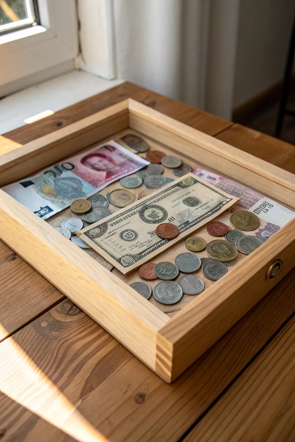 Capture your travels in style with a currency shadow box that celebrates global adventures and minimalist design.