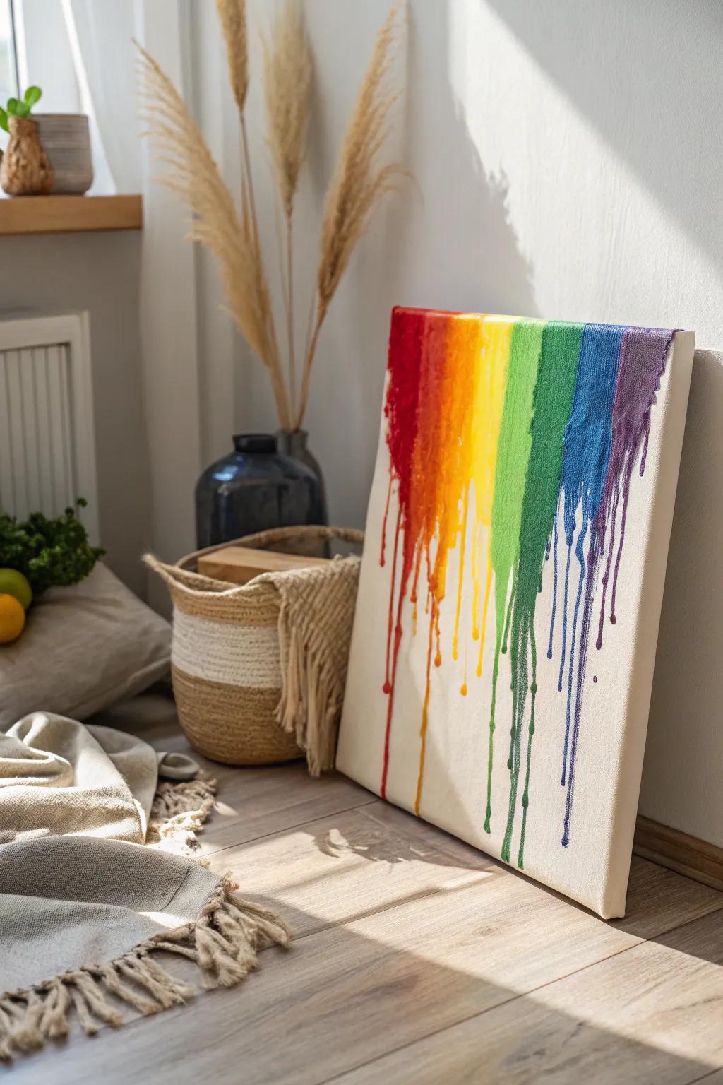 Bring a splash of vibrant creativity to your space with this dripping rainbow art piece, where minimalist meets boho chic.