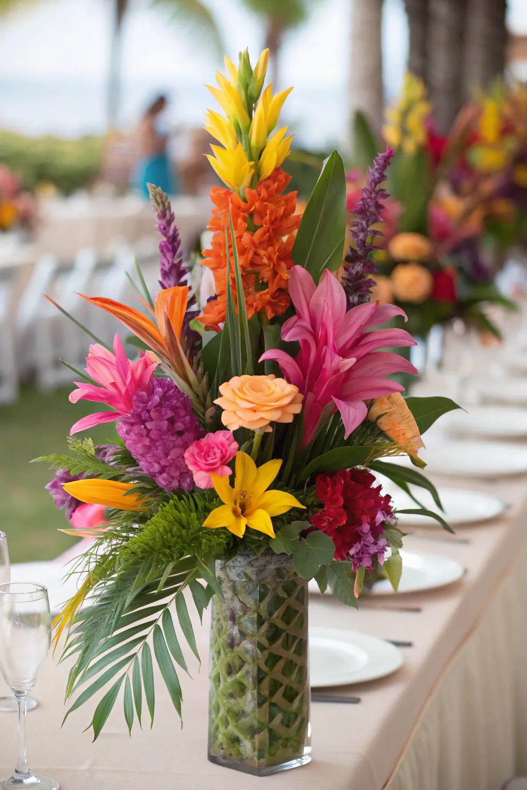 Gorgeous floral centerpieces made with tropical blooms.