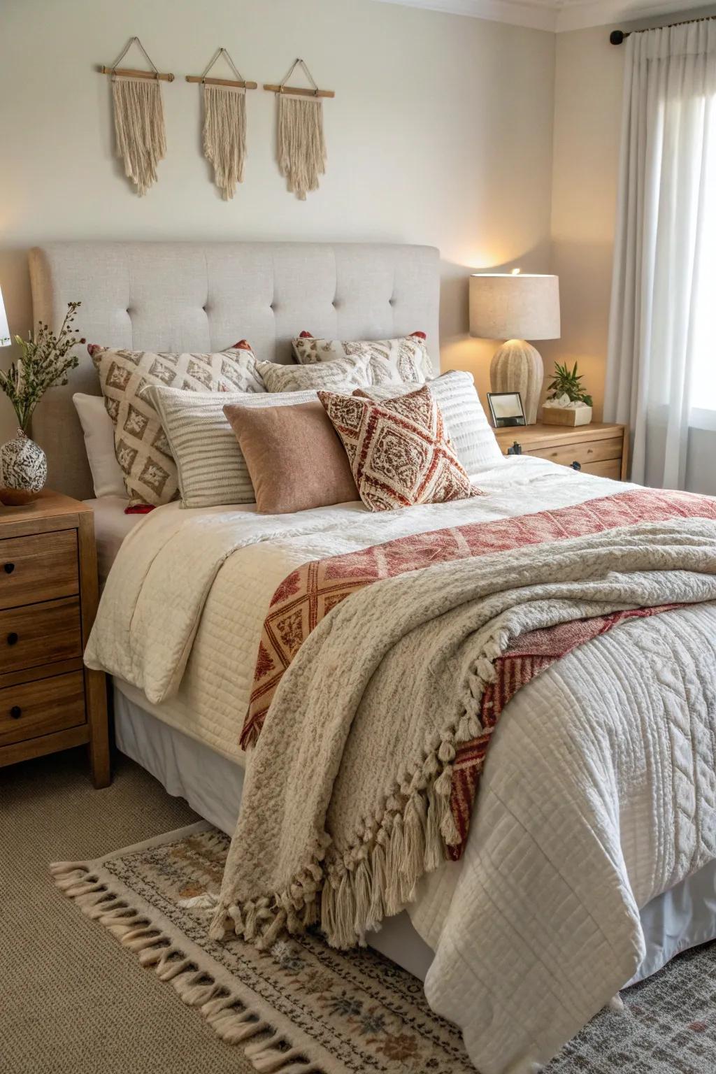Layered bedding invites you to relax and unwind.