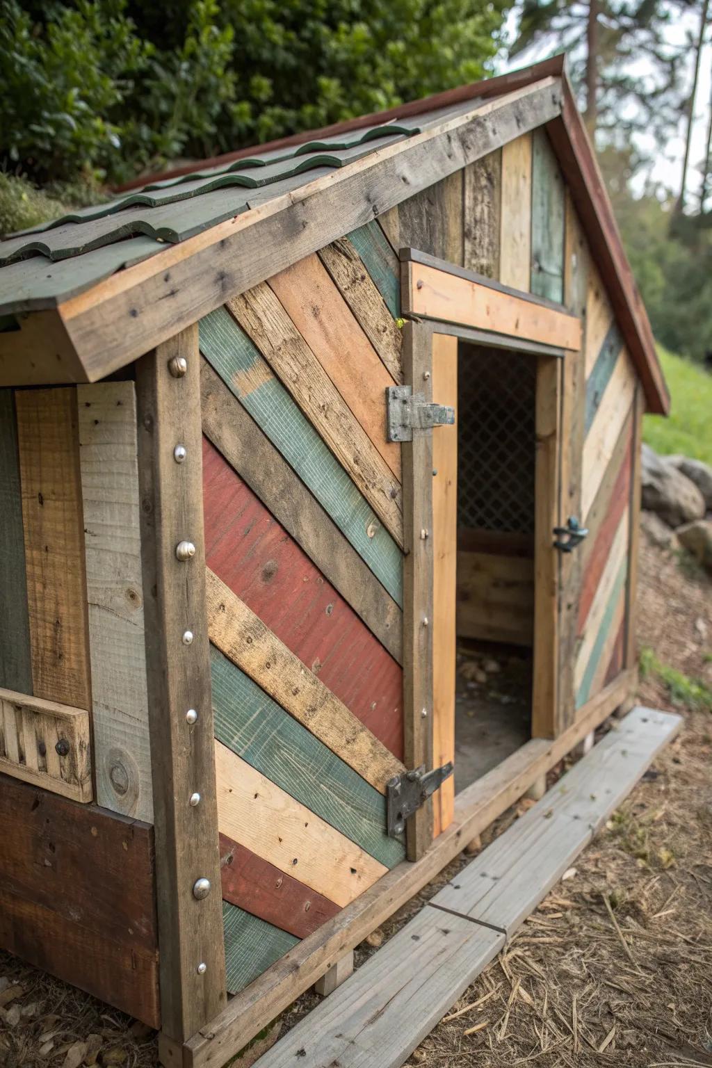 Eco-friendly craftsmanship: A turkey coop made from salvaged wood, where sustainability meets style.