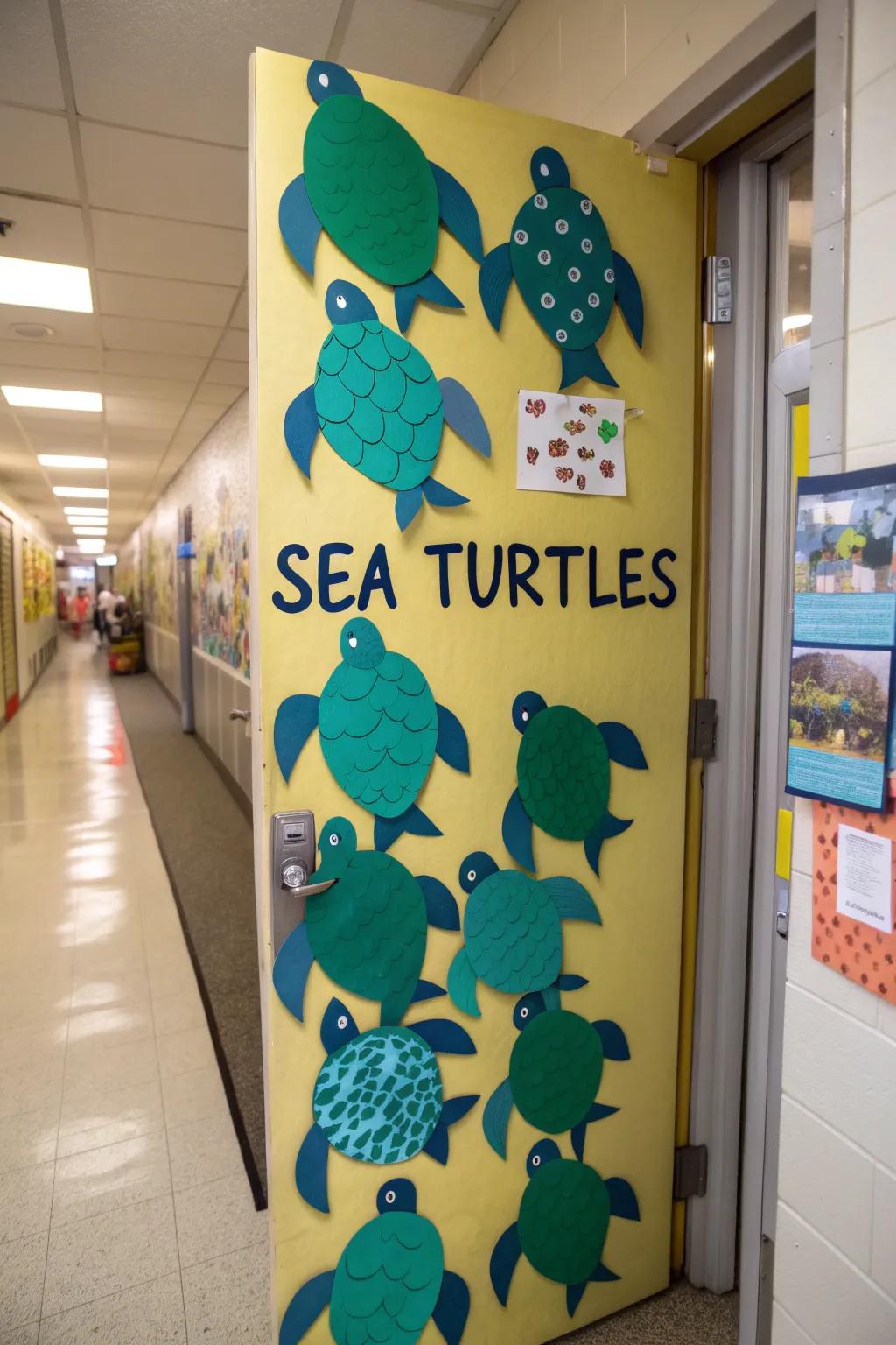 A parade of sea turtles welcomes students with a splash.