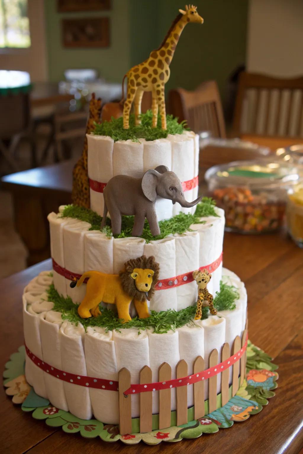 Transform the ordinary into the extraordinary with this Baby Zoo Diaper Cake, where creativity meets craftsmanship.