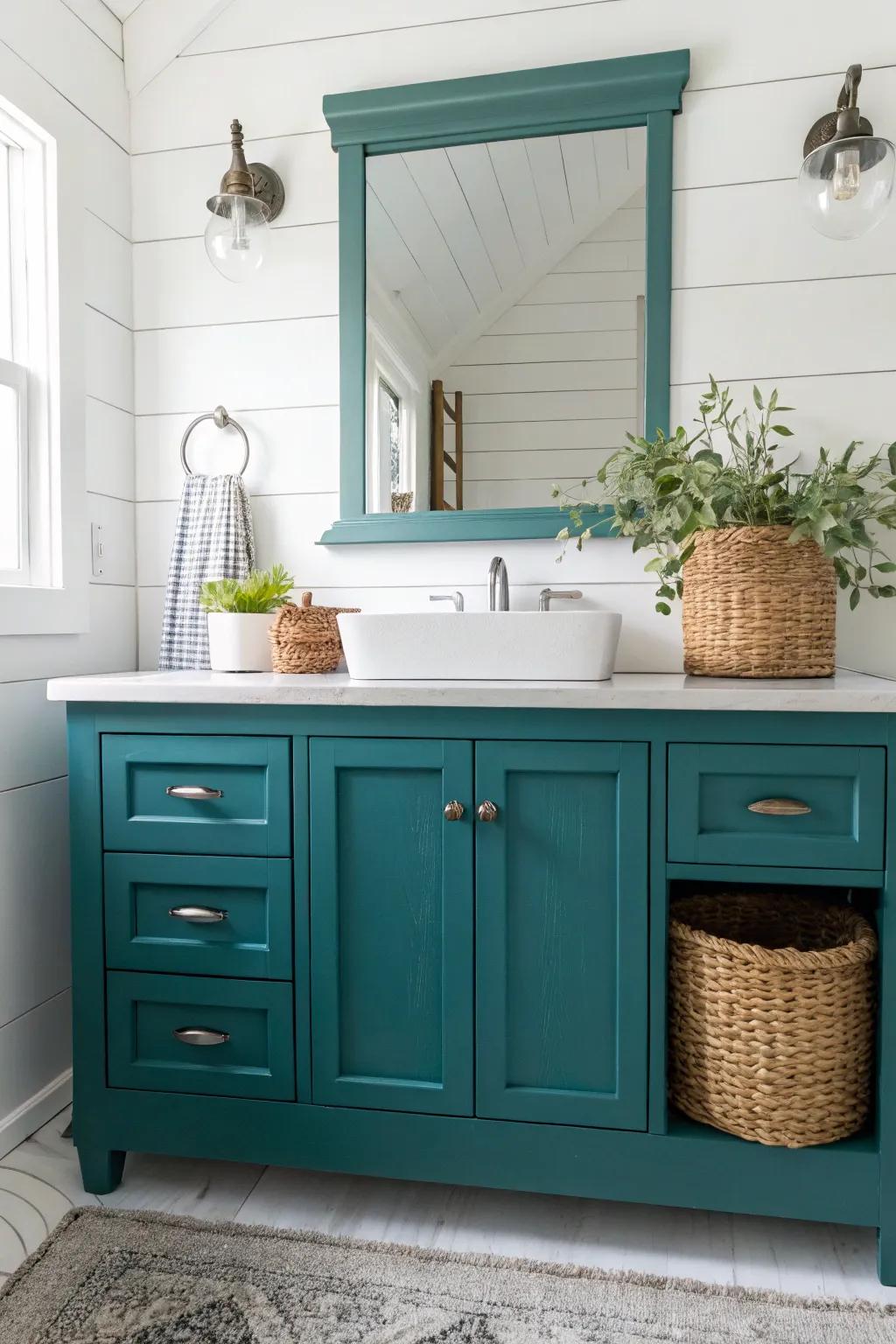 Transform your bathroom with a bold teal vanity that exudes charm and simplicity.