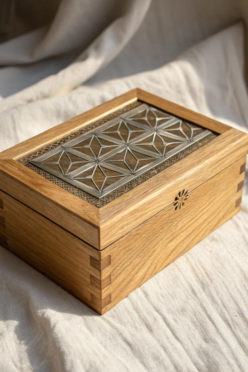 Elevate your space with this exquisite wooden box, where natural wood meets sleek metal for a stunning contrast.