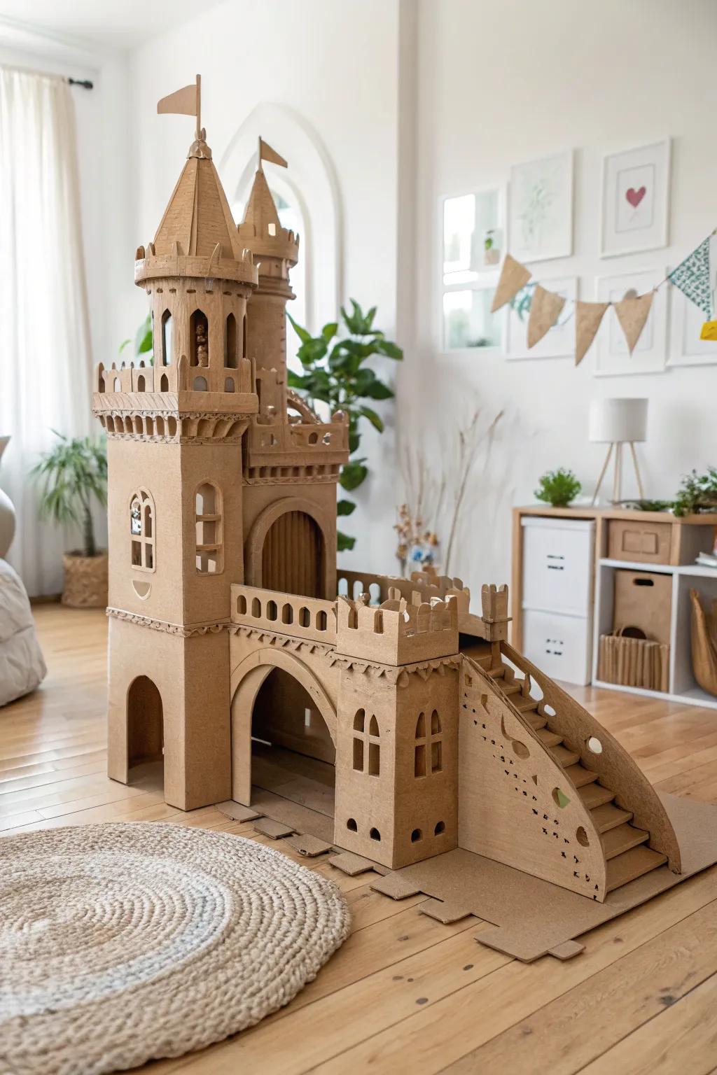 Transform your living room into a magical kingdom with this charming cardboard box castle, where creativity meets simplicity.