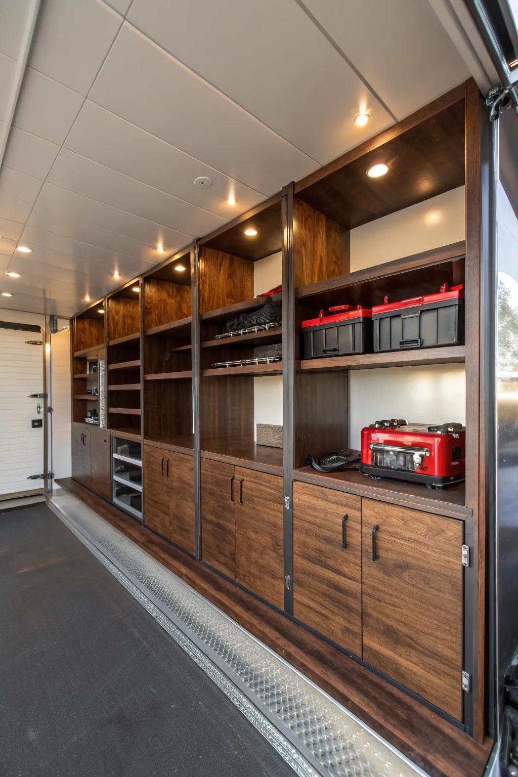 Transform your trailer with modular shelving that merges style and functionality.
